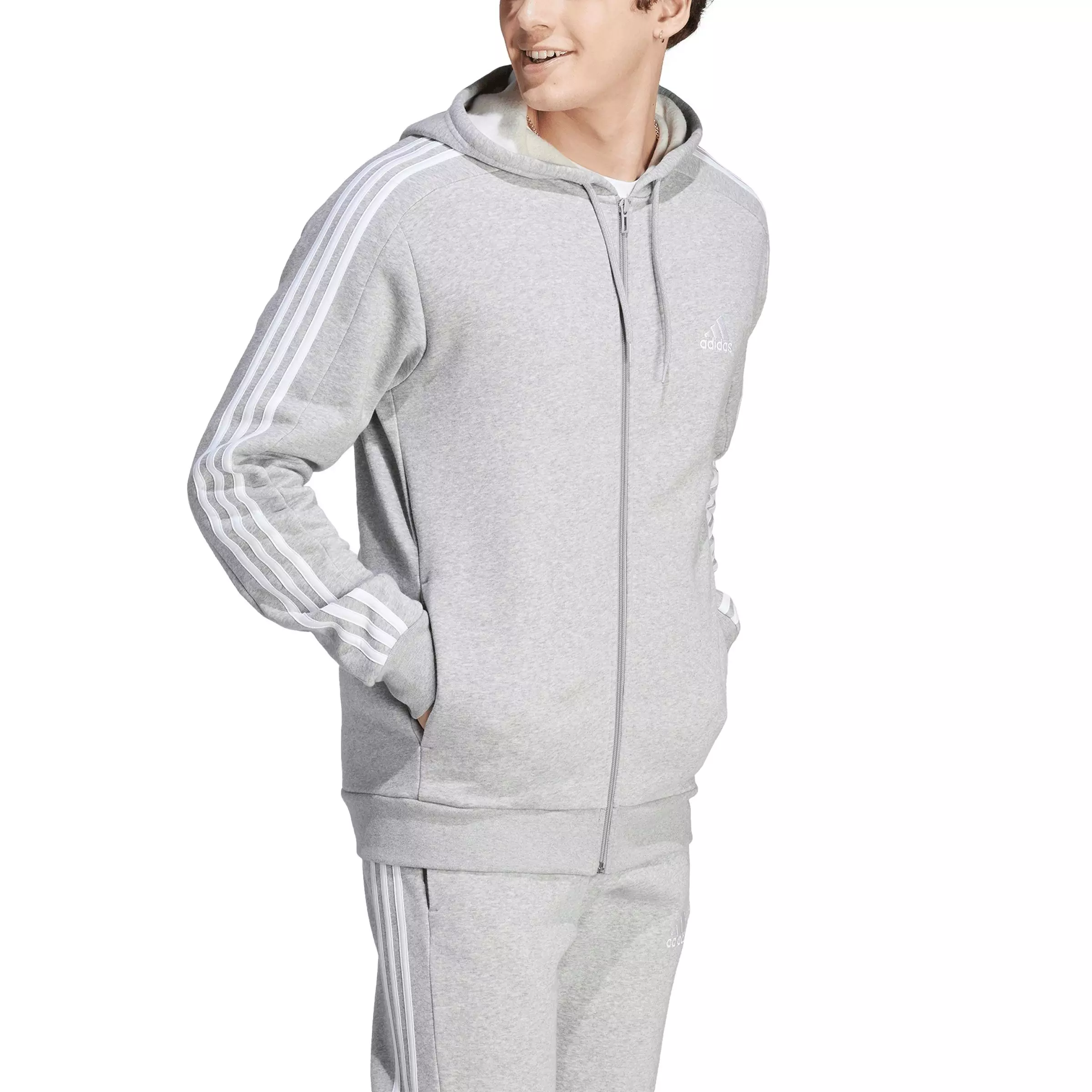 adidas Men's Essentials Fleece 3-Stripes Jacket-Grey - GREY