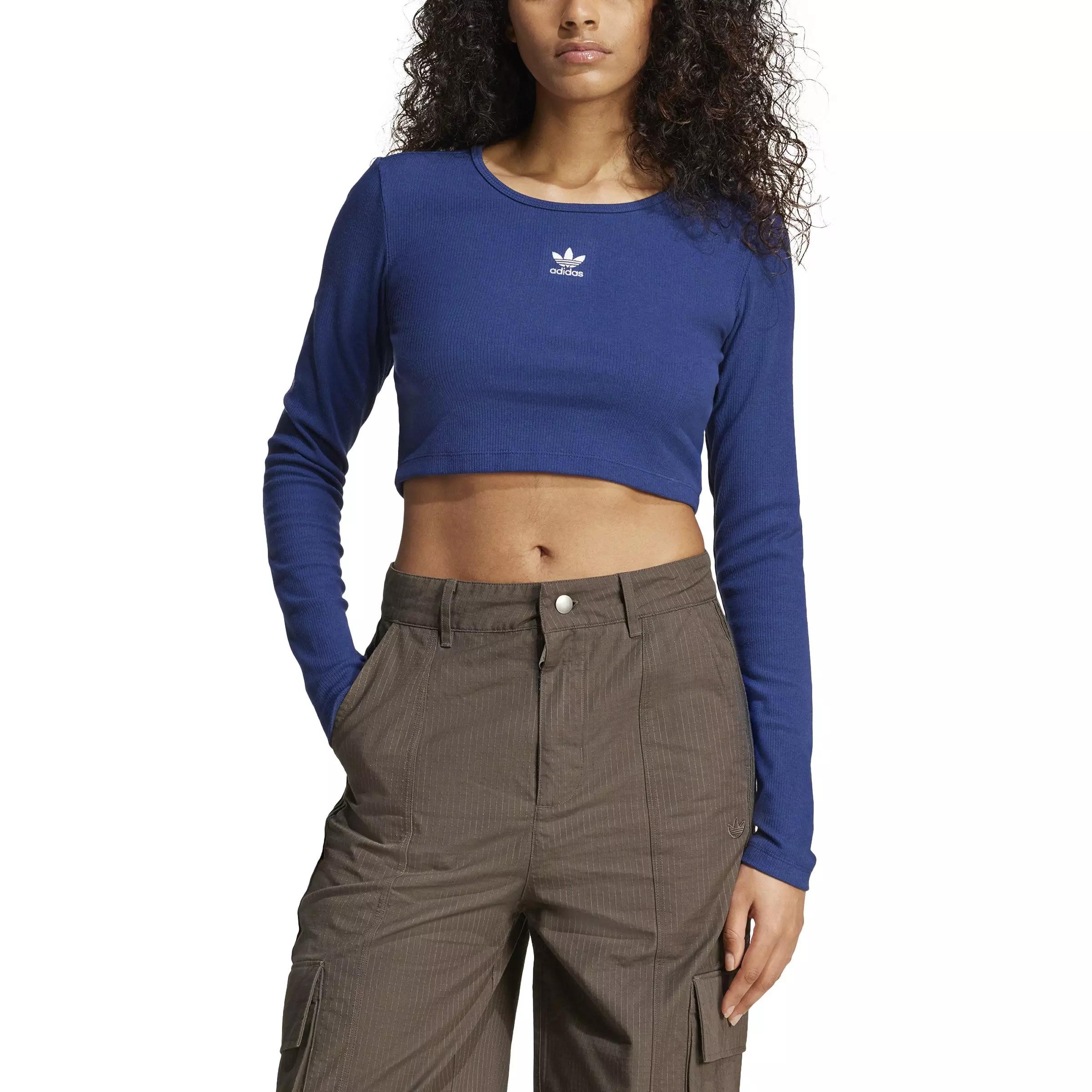 adidas Originals Women's Essentials Ribbed Crop Long Sleeve Long-Sleeve Top-Blue - BLUE