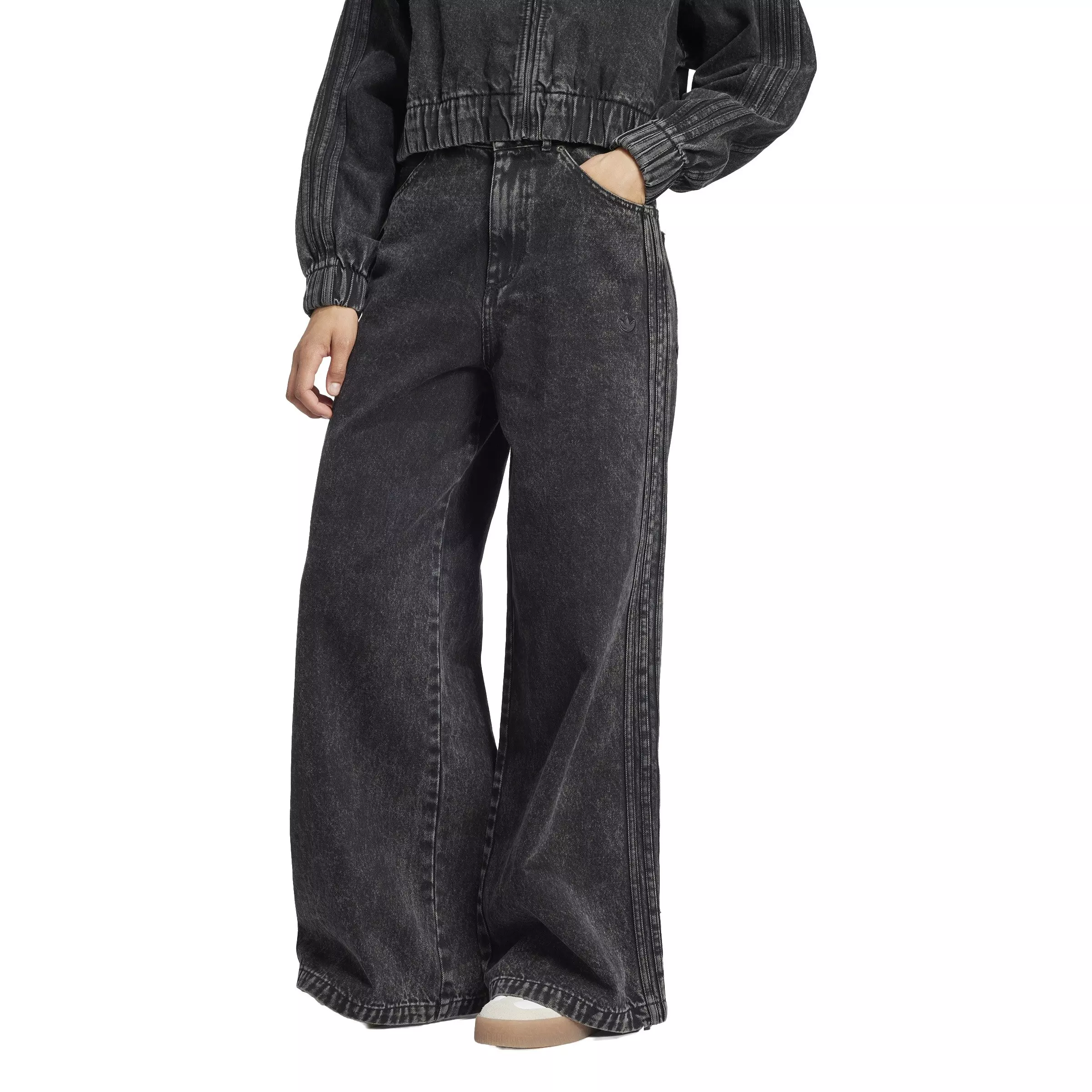 adidas Originals Women's Premium Essentials Wide Leg Denim Pants -Black - BLACK