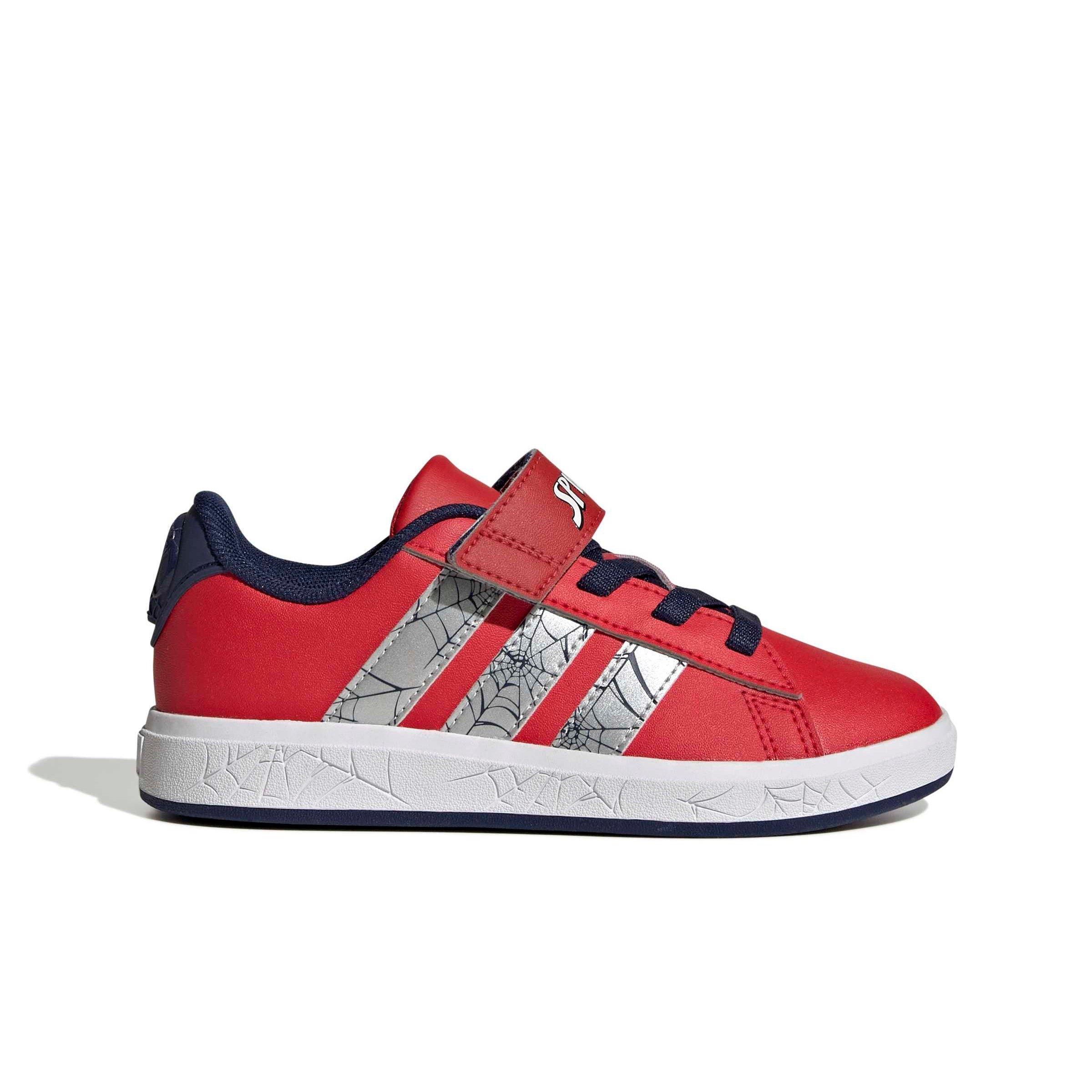 adidas Marvel Spider-Man Grand Court "Pure Ruby/Silver Metallic/Dark Blue" Grade School Boys' Shoe - RUBY/SILVER/DK BLUE