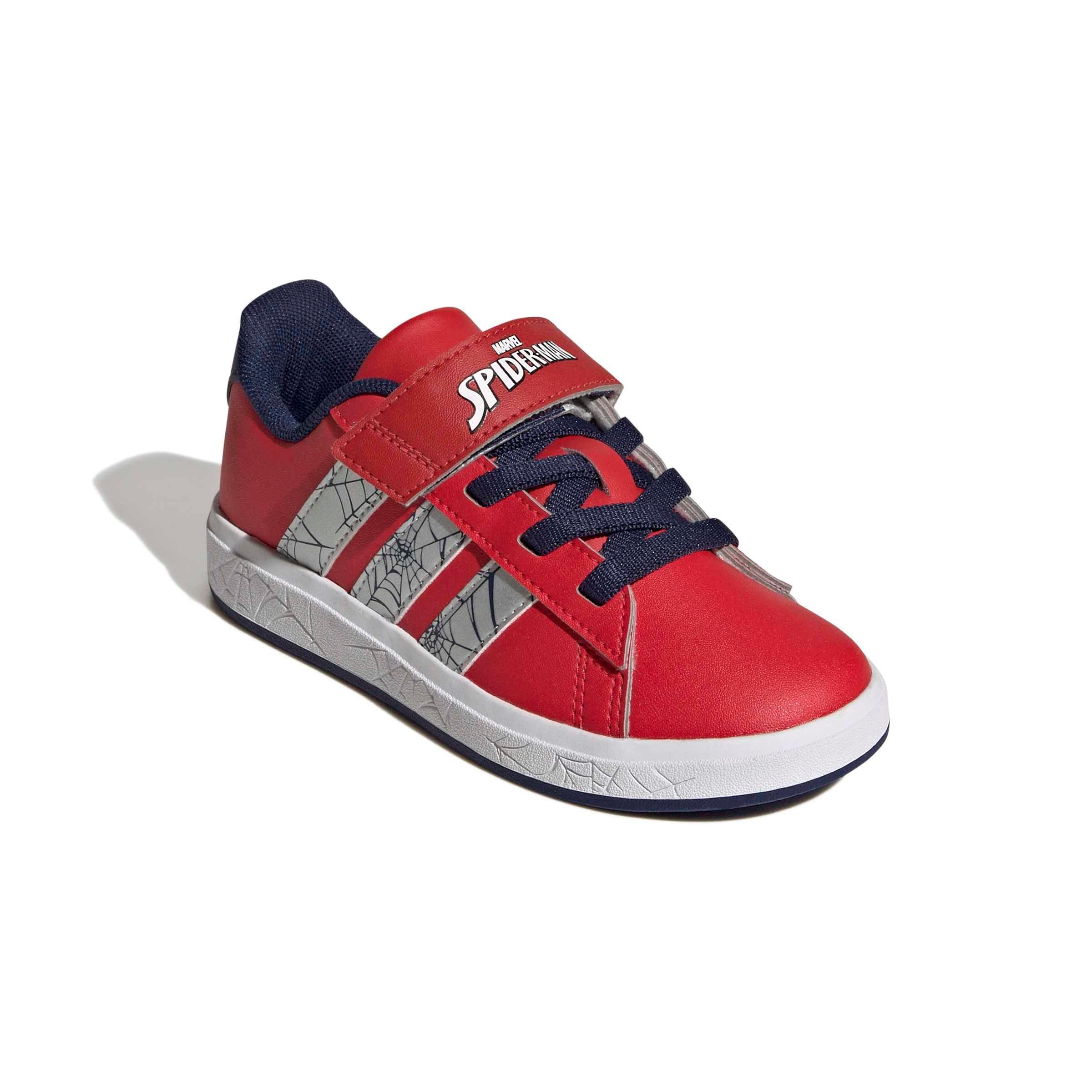 adidas Marvel Spider-Man Grand Court "Pure Ruby/Silver Metallic/Dark Blue" Grade School Boys' Shoe - RUBY/SILVER/DK BLUE