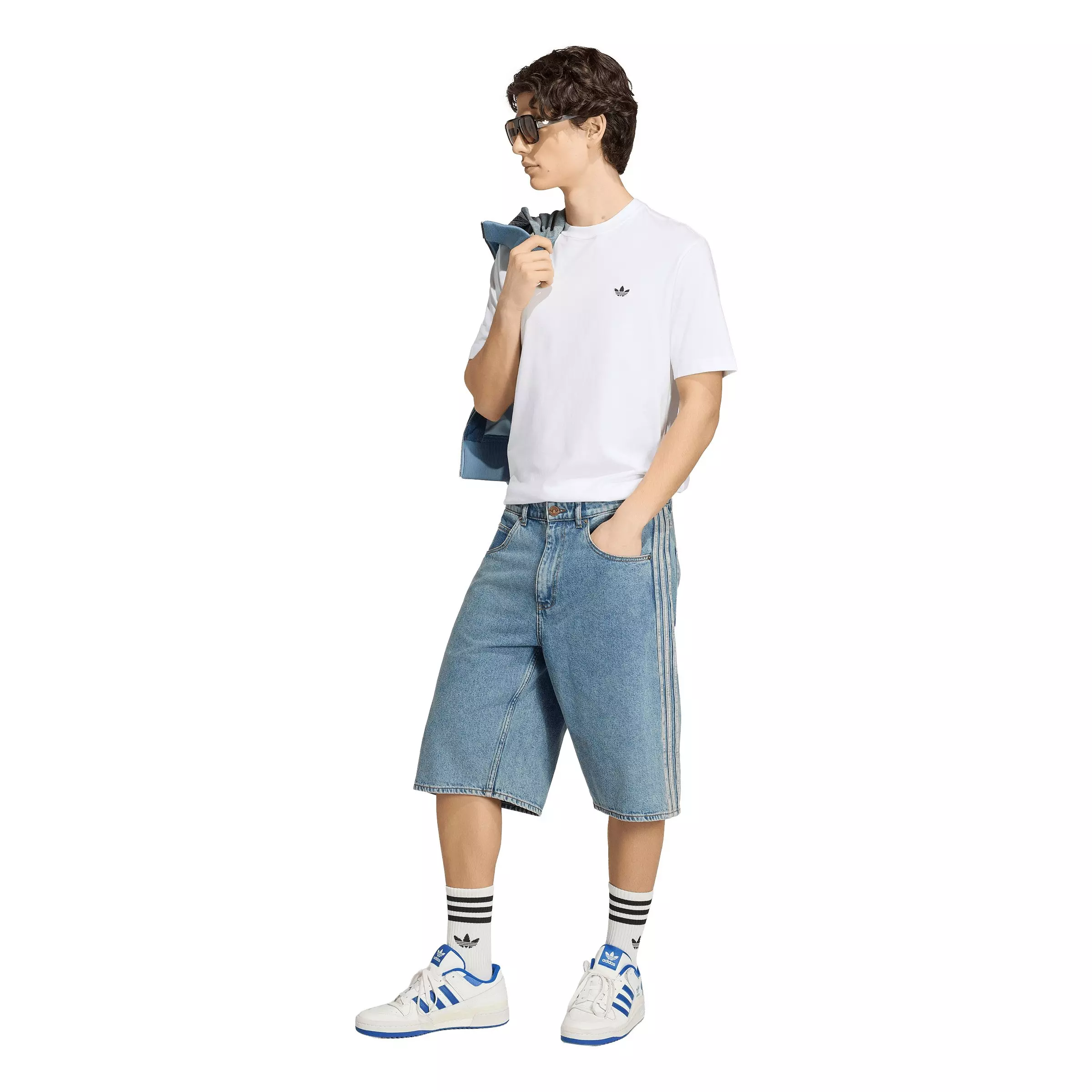 adidas Originals Men's Adicolor Firebird Mis-Rise Worn Blue Wash Denim Jorts - BLUE