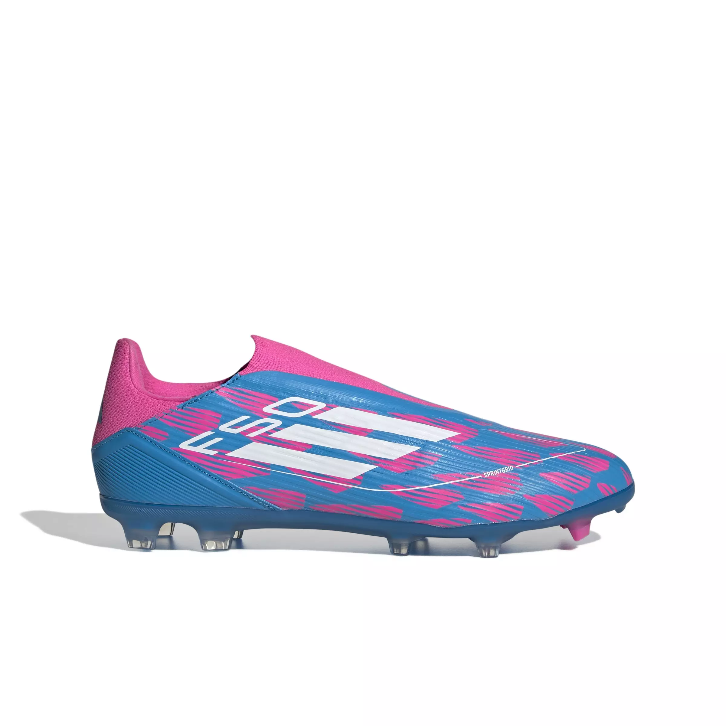 adidas F50 League Laceless Firm/Multi-Ground "Solar Blue/Cloud White/Solar Pink" Men's Soccer Cleat - BLUE/WHITE/PINK