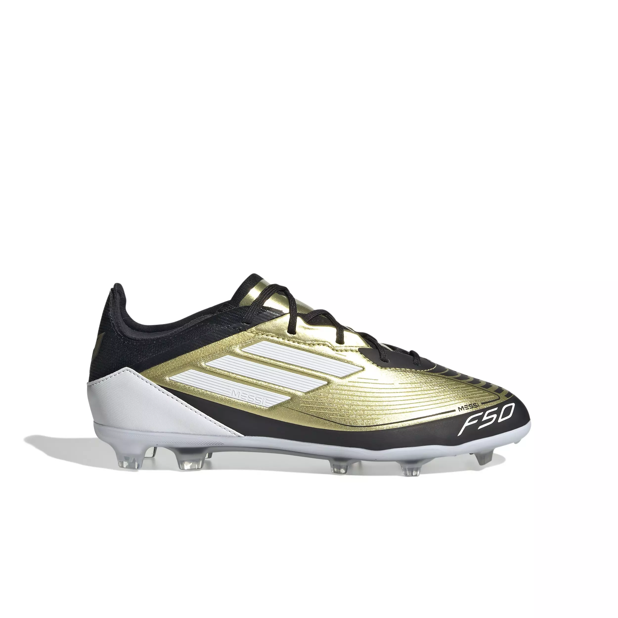 adidas F50 Pro Messi Firm Ground "Gold Metallic/Cloud White/Core Black" Preschool Kids' Soccer Cleat - GOLD/WHITE/BLACK