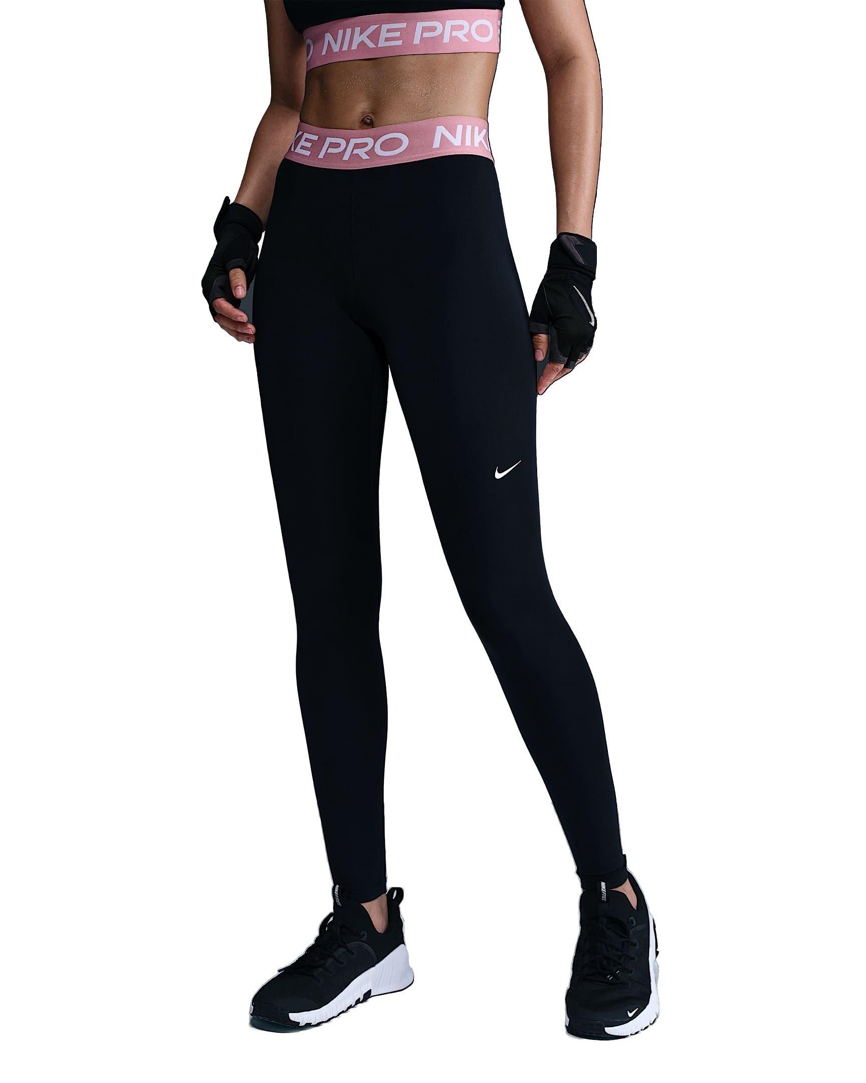 Nike Women's Pro Mid-Rise Mesh-Paneled Leggings - Black/Pink - BLACK/PINK