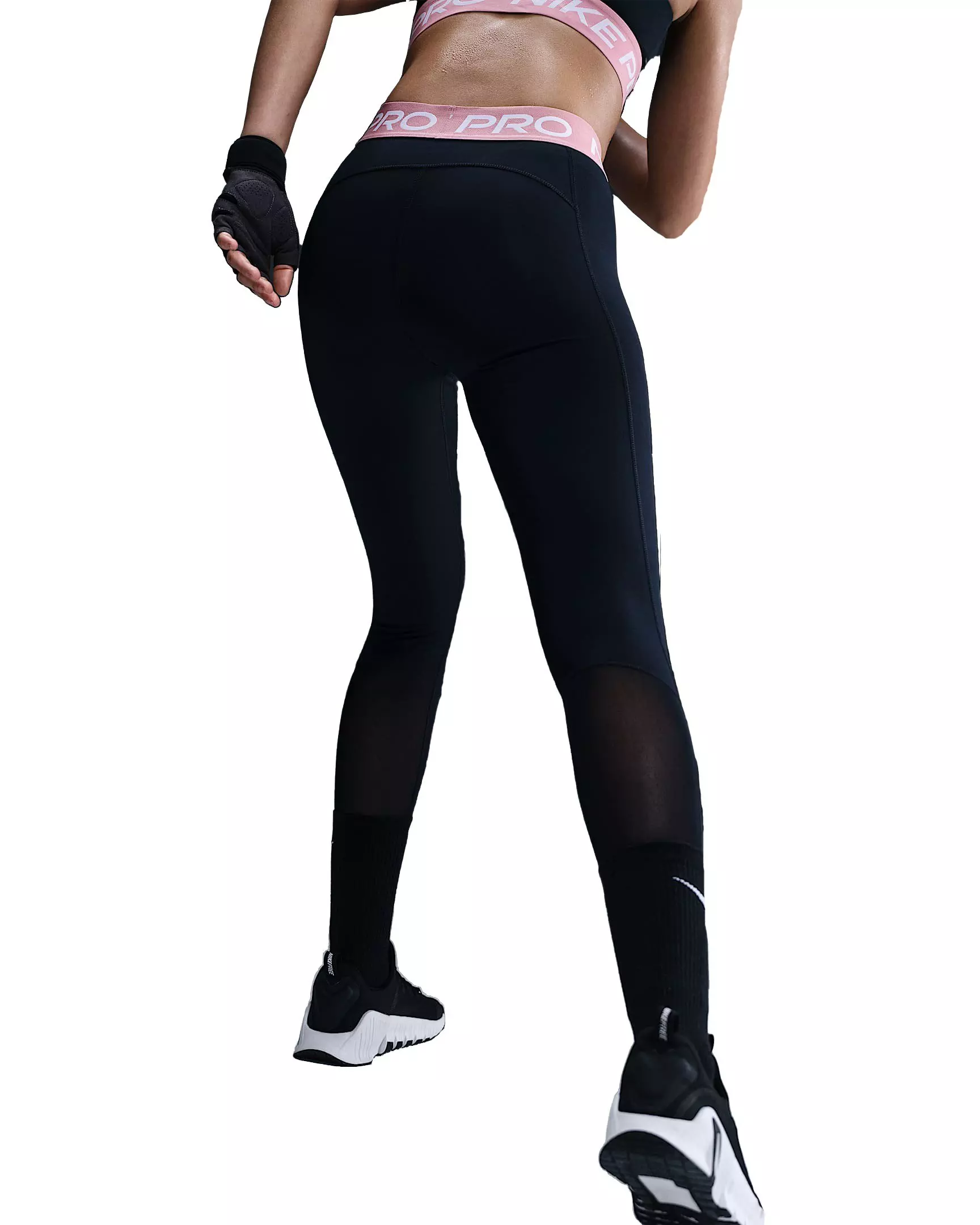 Nike Women's Pro Mid-Rise Mesh-Paneled Leggings - Black/Pink - BLACK/PINK