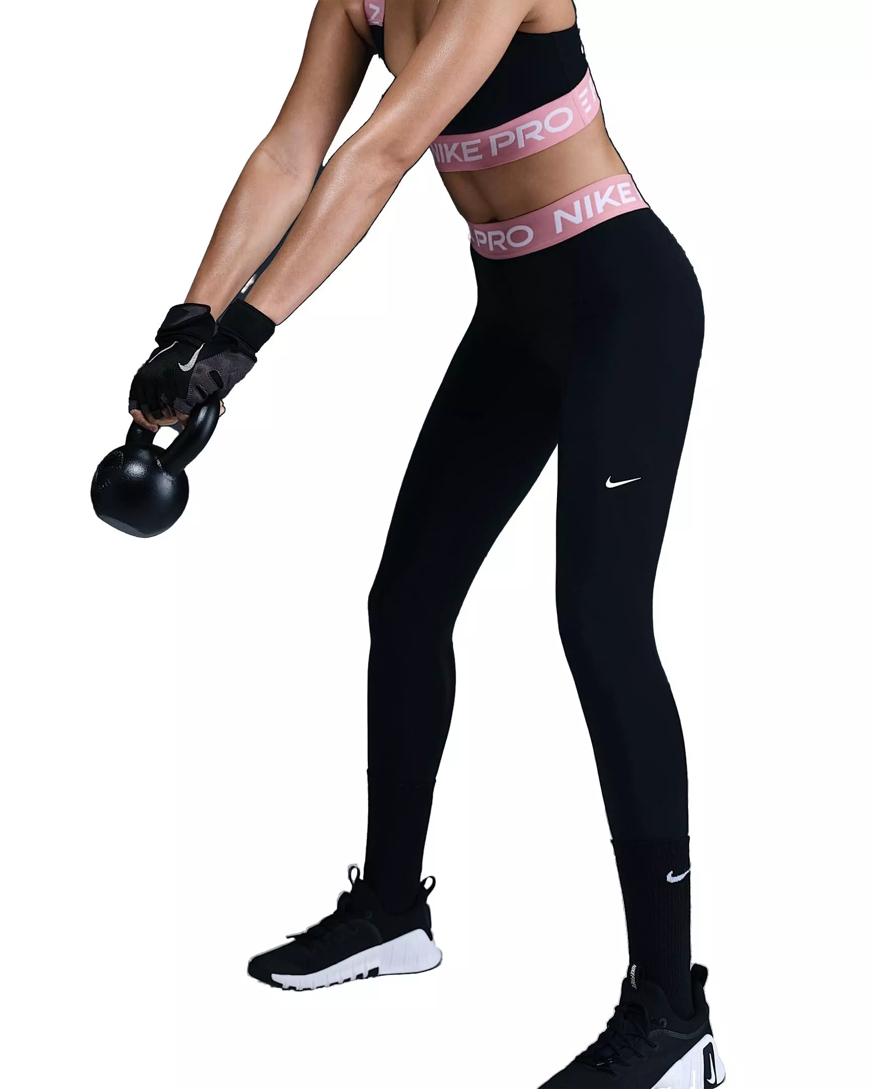 Nike Women's Pro Mid-Rise Mesh-Paneled Leggings - Black/Pink - BLACK/PINK