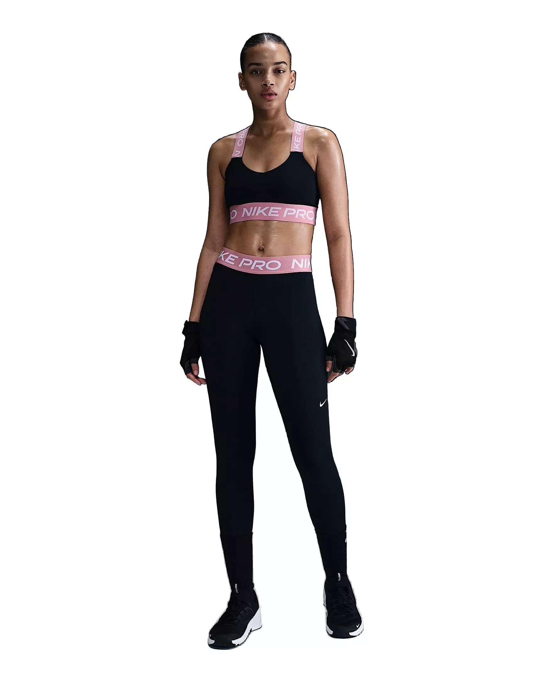 Nike Women's Pro Mid-Rise Mesh-Paneled Leggings - Black/Pink - BLACK/PINK