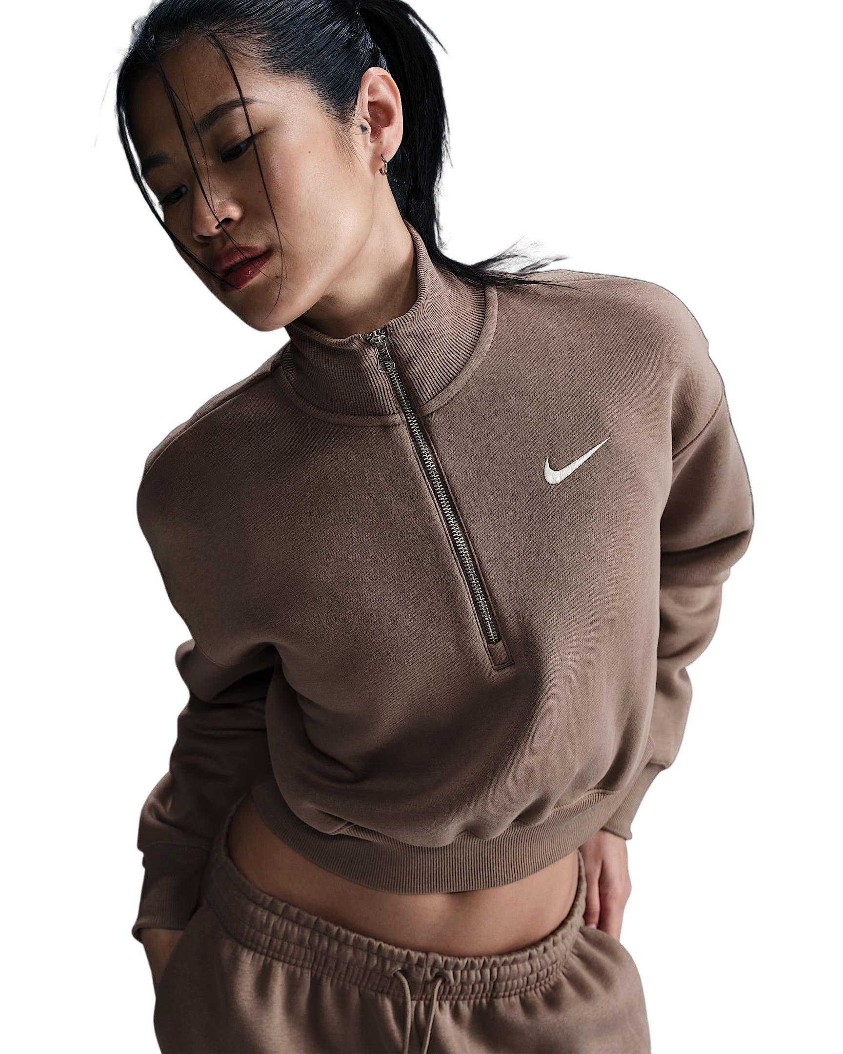 Nike Women's Sportswear Phoenix Fleece 1/2 Zip Cropped Sweatshirt - Brown - BROWN Thumbnail View 3