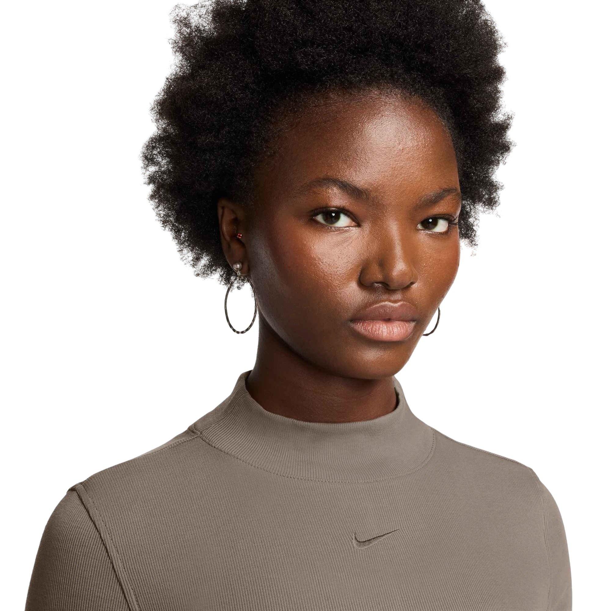 Nike Women's Sportswear Essential Ribbed Mock-Neck Long-Sleeve Top - Brown - BROWN Thumbnail View 3
