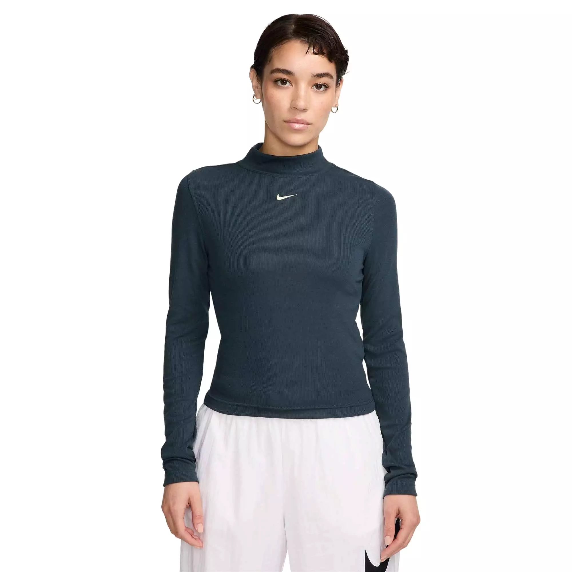 Nike Women's Sportswear Essential Ribbed Mock-Neck Long-Sleeve Top - Navy​ - NAVY
