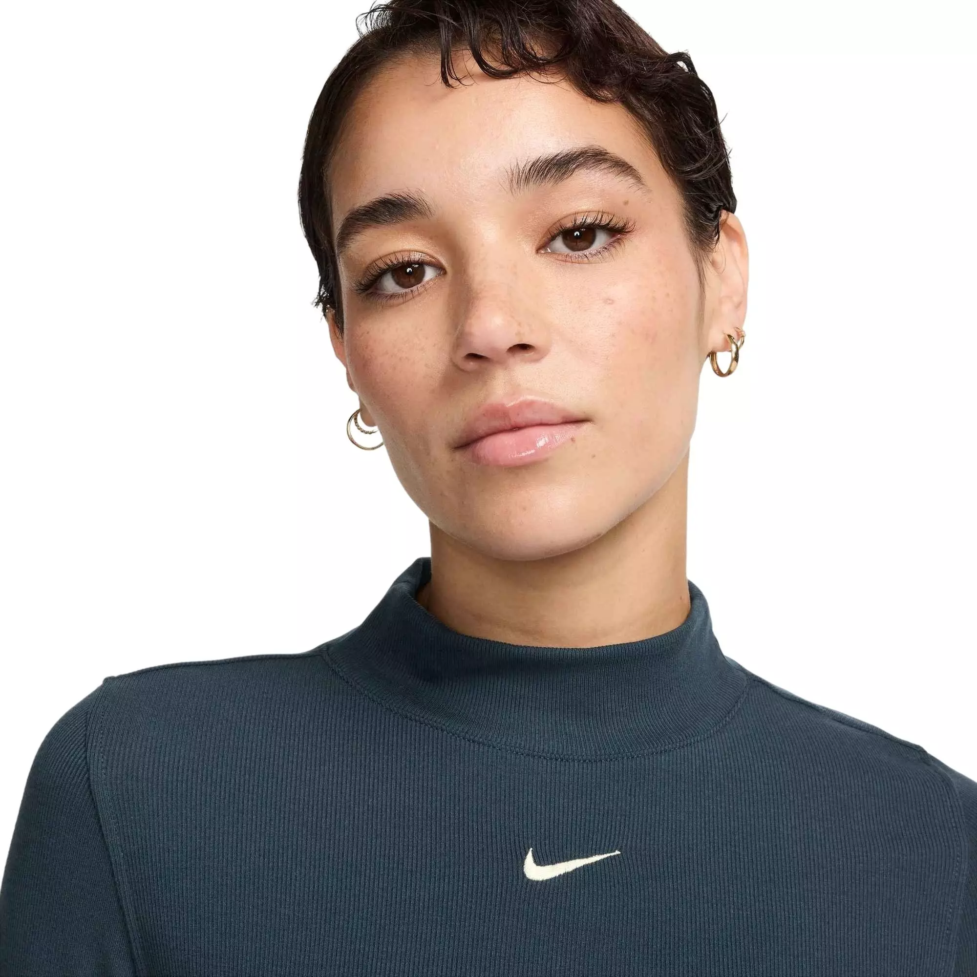 Nike Women's Sportswear Essential Ribbed Mock-Neck Long-Sleeve Top - Navy​ - NAVY