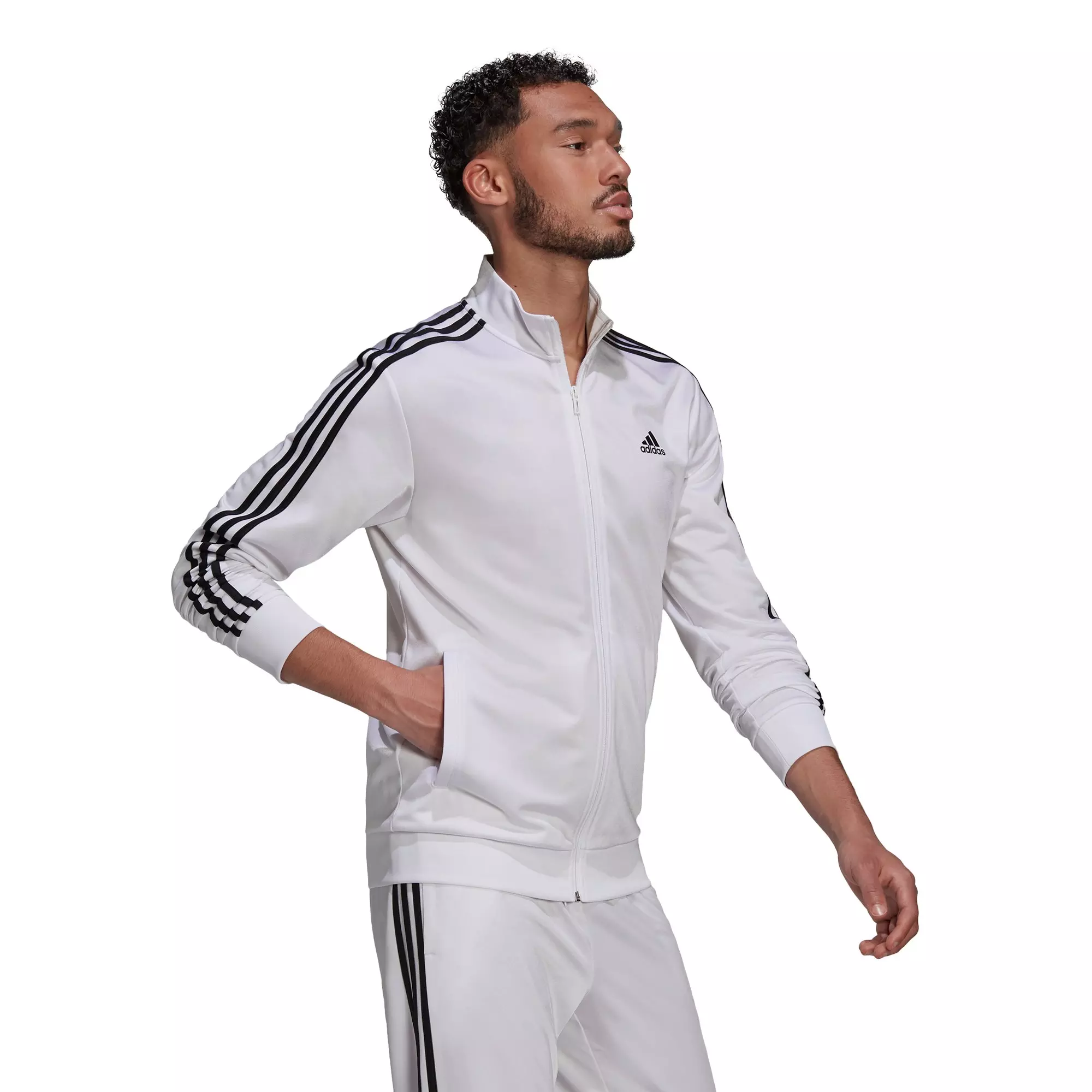 adidas Men's White/Black Primegreen Essentials Warm-Up 3-Stripes Track Jacket - WHITE/BLACK