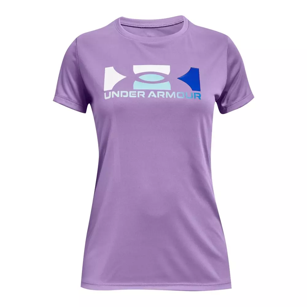 Under Armour Big Girls' Tech Solid Square Big Logo Shirt - Purple/White - PURPLE/WHITE