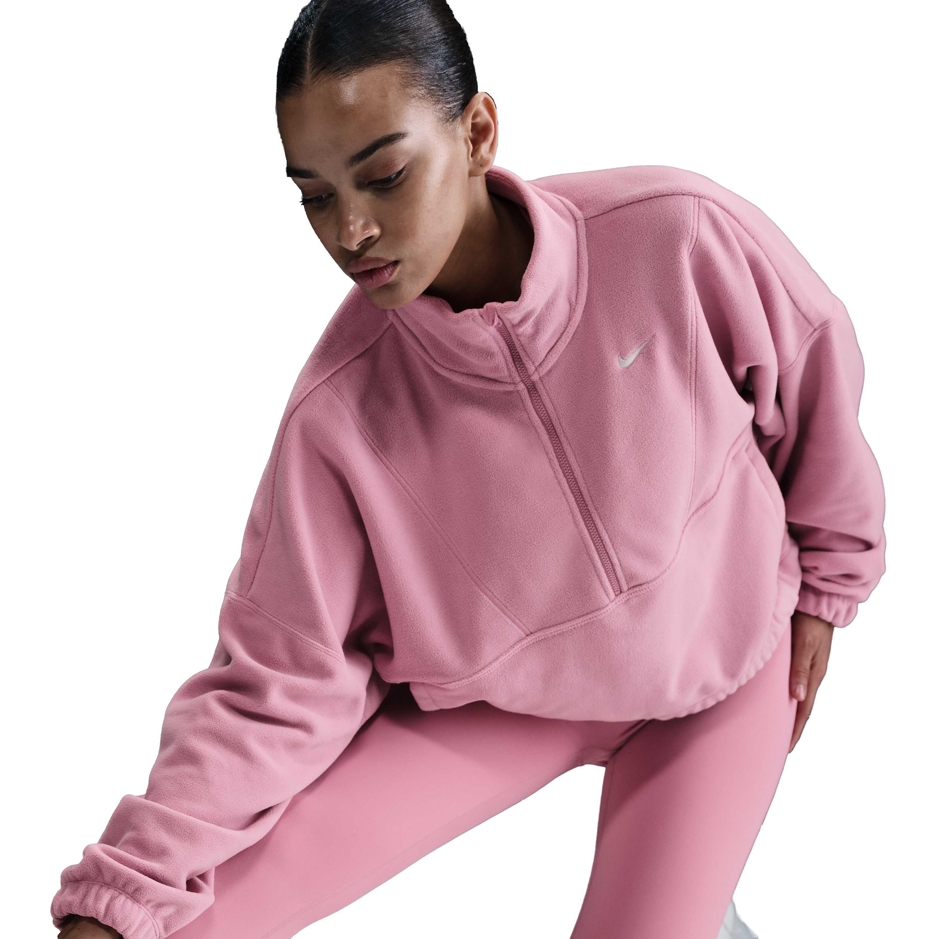 Nike Women's One Therma-FIT Oversized 1/2-Zip Fleece Top - Pink - PINK Thumbnail View 3