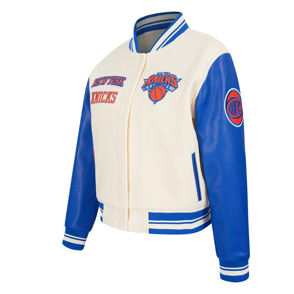Pro Standard Women's NBA New York Knicks Retro Classic Rib Wool Varsity Jacket - WHITE/BLUE Thumbnail View 3