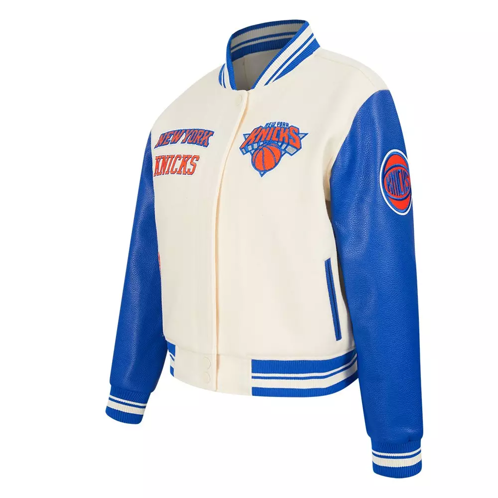 Pro Standard Women's NBA New York Knicks Retro Classic Rib Wool Varsity Jacket - WHITE/BLUE