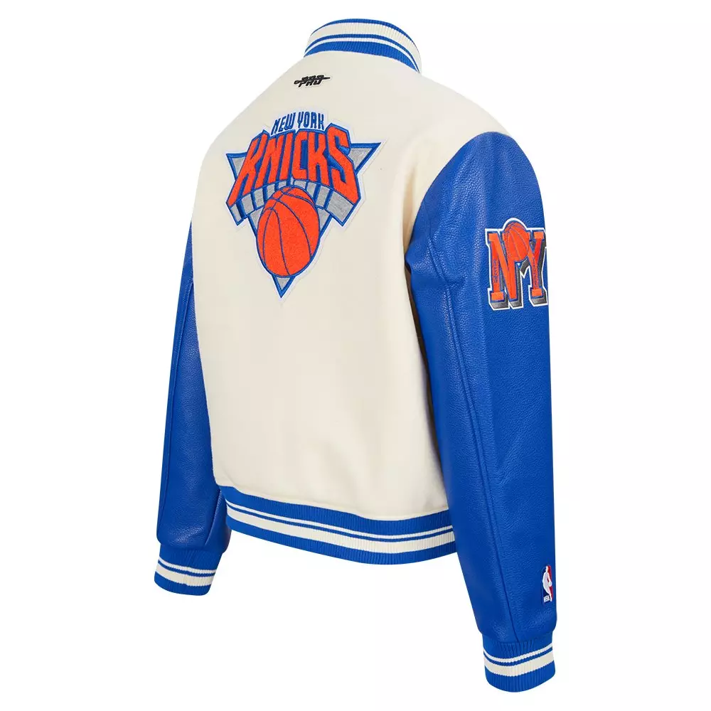 Pro Standard Women's NBA New York Knicks Retro Classic Rib Wool Varsity Jacket - WHITE/BLUE