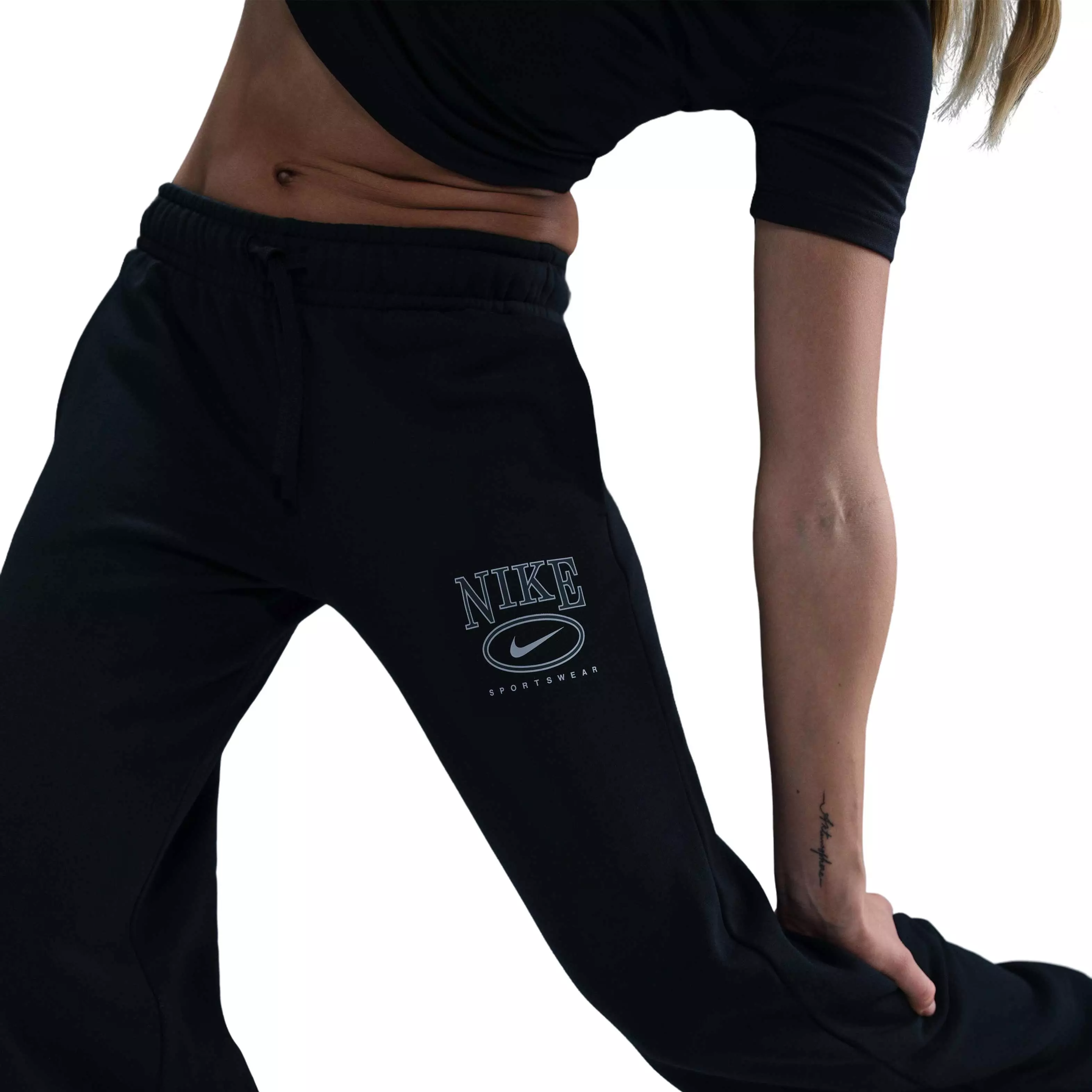 Nike Women's Sportswear Club Fleece Mid-Rise Wide-Leg Graphic Sweatpants - Black - BLACK