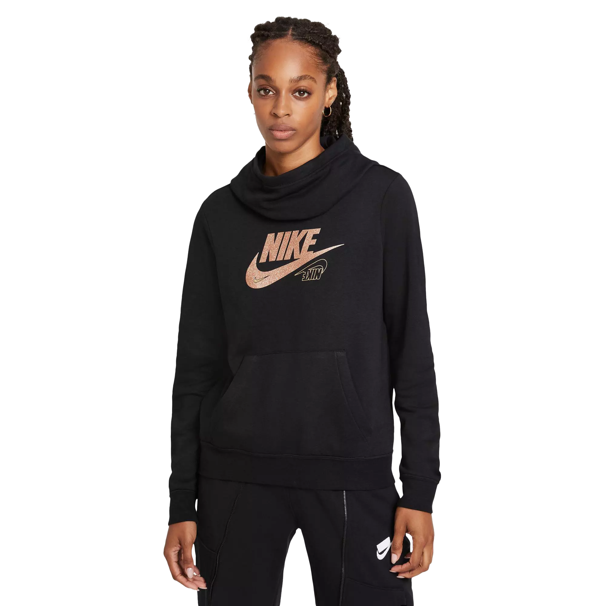 Nike Women's Sportswear Club Fleece Funnel-Neck Glitter Hoodie - BLACK