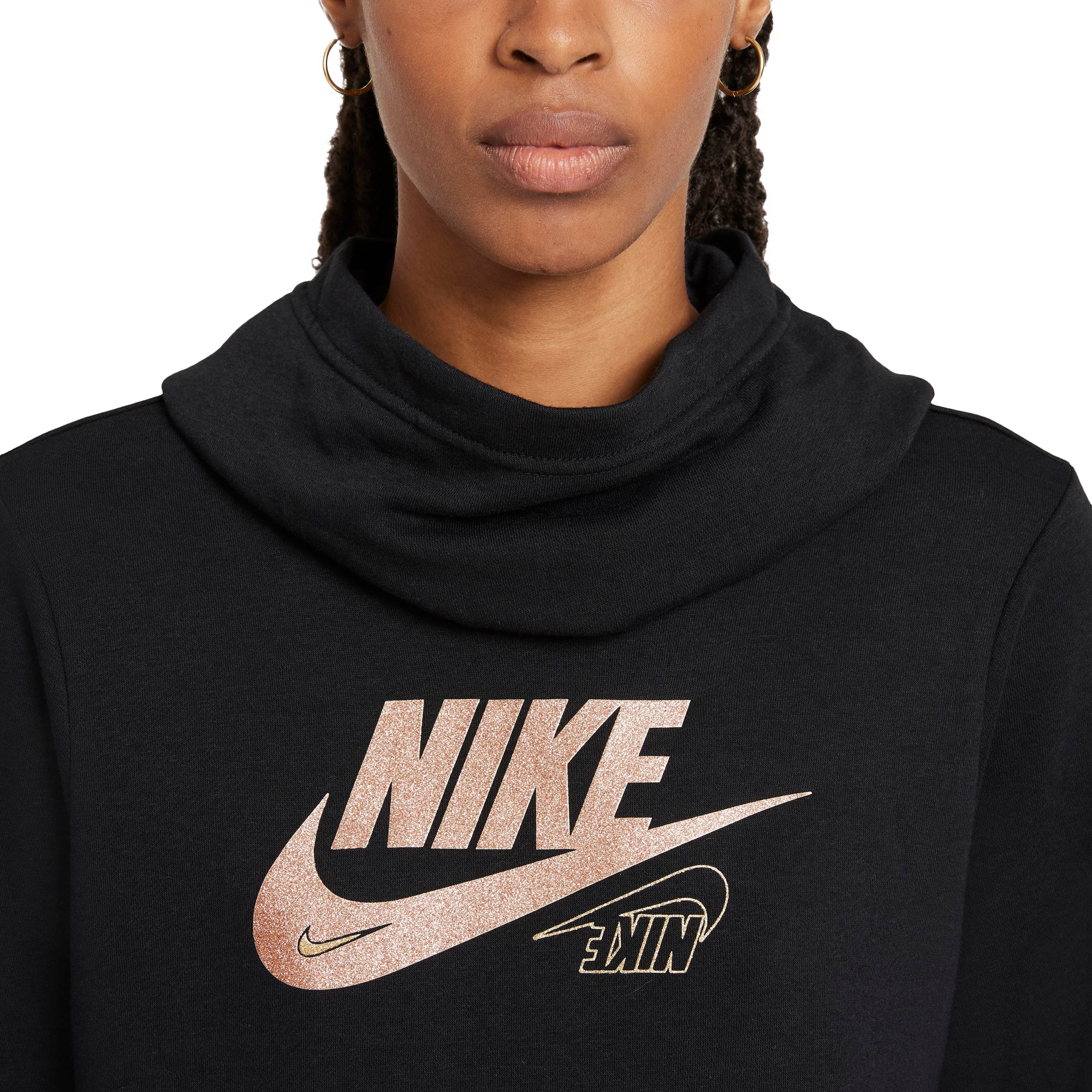 Nike Women's Sportswear Club Fleece Funnel-Neck Glitter Hoodie - BLACK Thumbnail View 3