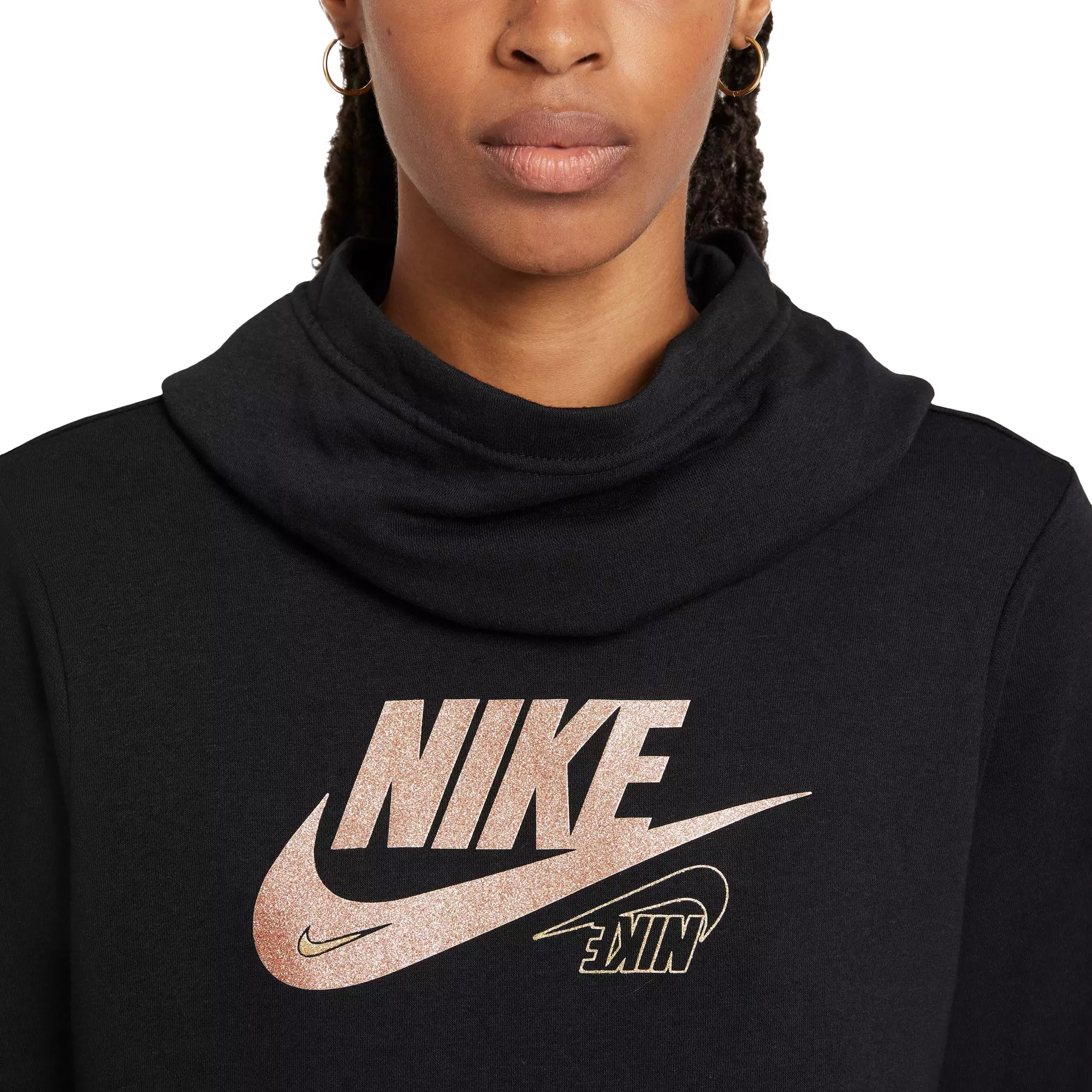 Nike Women's Sportswear Club Fleece Funnel-Neck Glitter Hoodie - BLACK