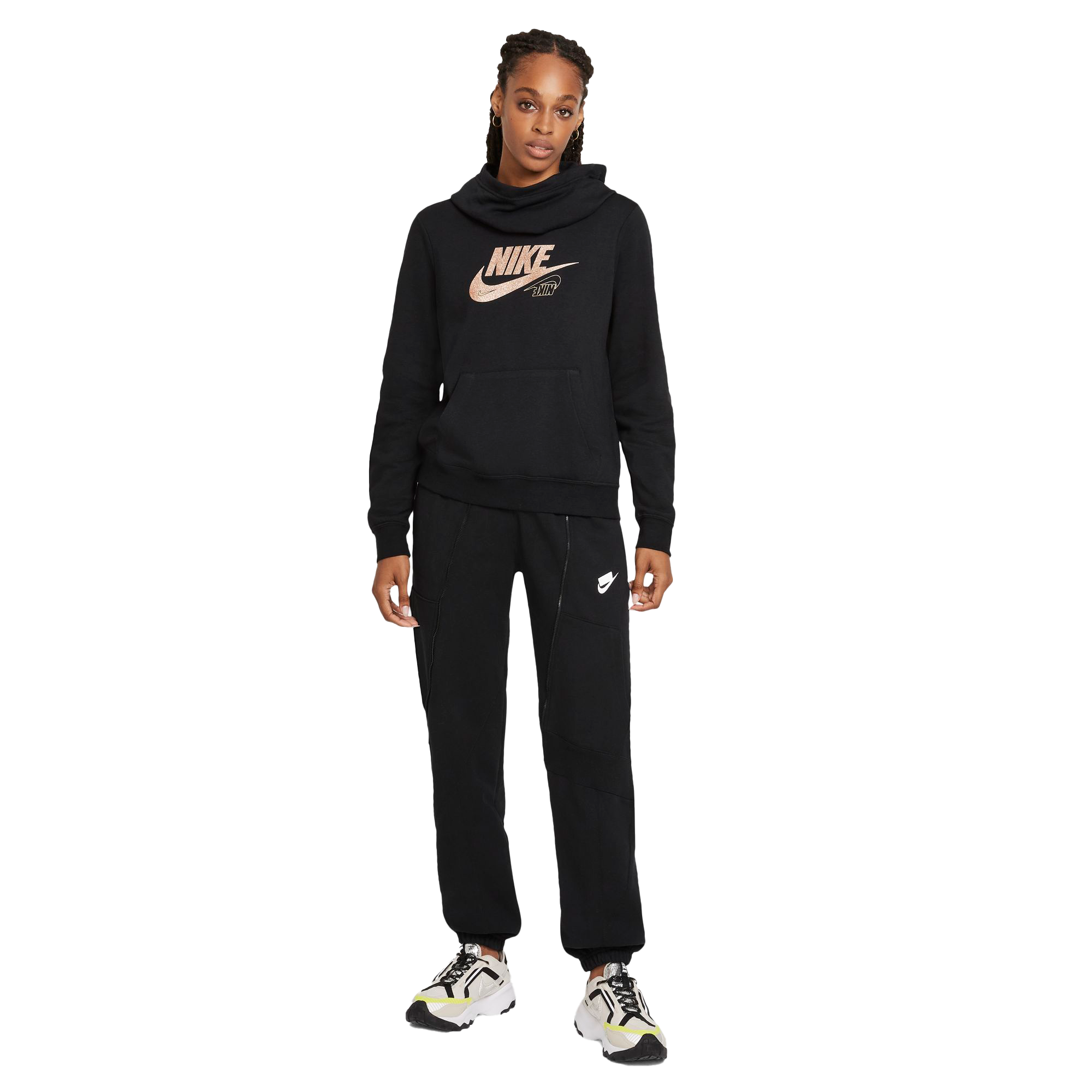 Nike Women's Sportswear Club Fleece Funnel-Neck Glitter Hoodie - BLACK Thumbnail View 6