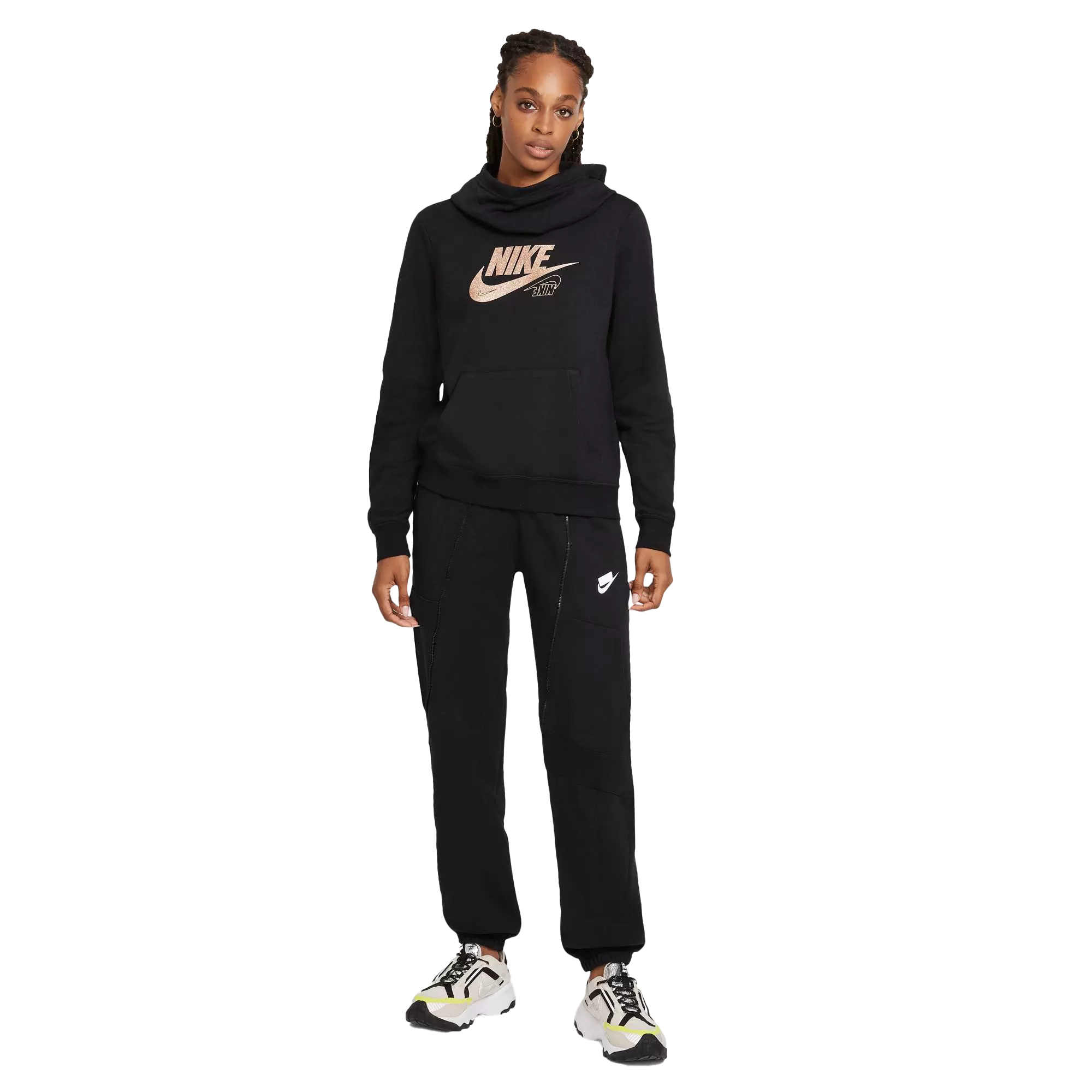 Nike Women's Sportswear Club Fleece Funnel-Neck Glitter Hoodie - BLACK