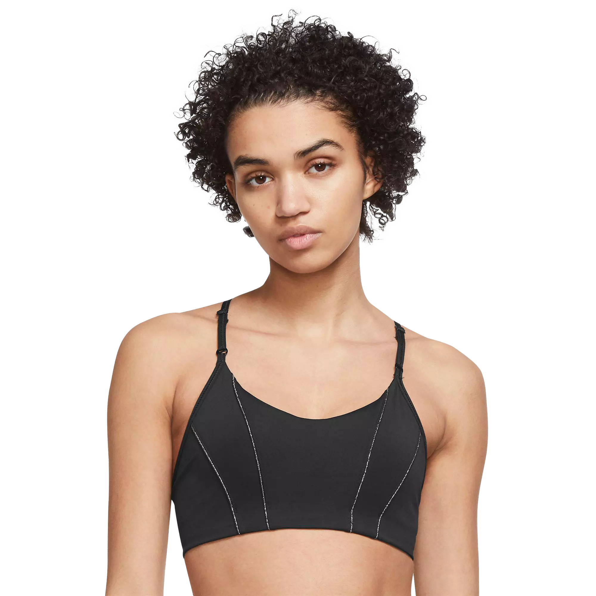 Nike Yoga Dri-FIT Indy metallic tape light support bra in black