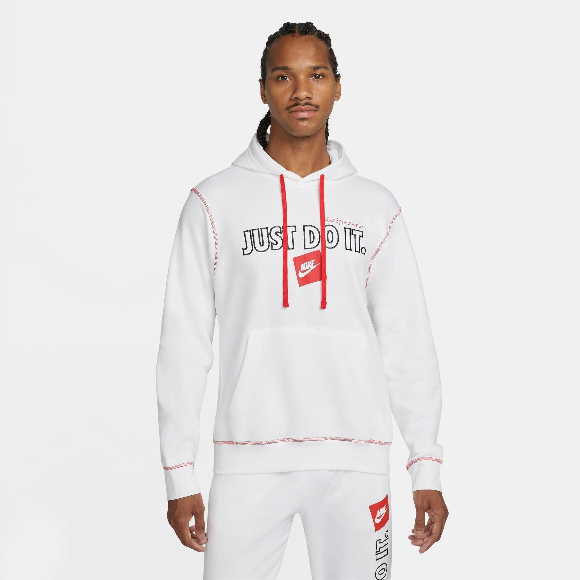 Nike Men's Sportswear JDI Brushed Back Pullover Hoodie - WHITE/RED Thumbnail View 1