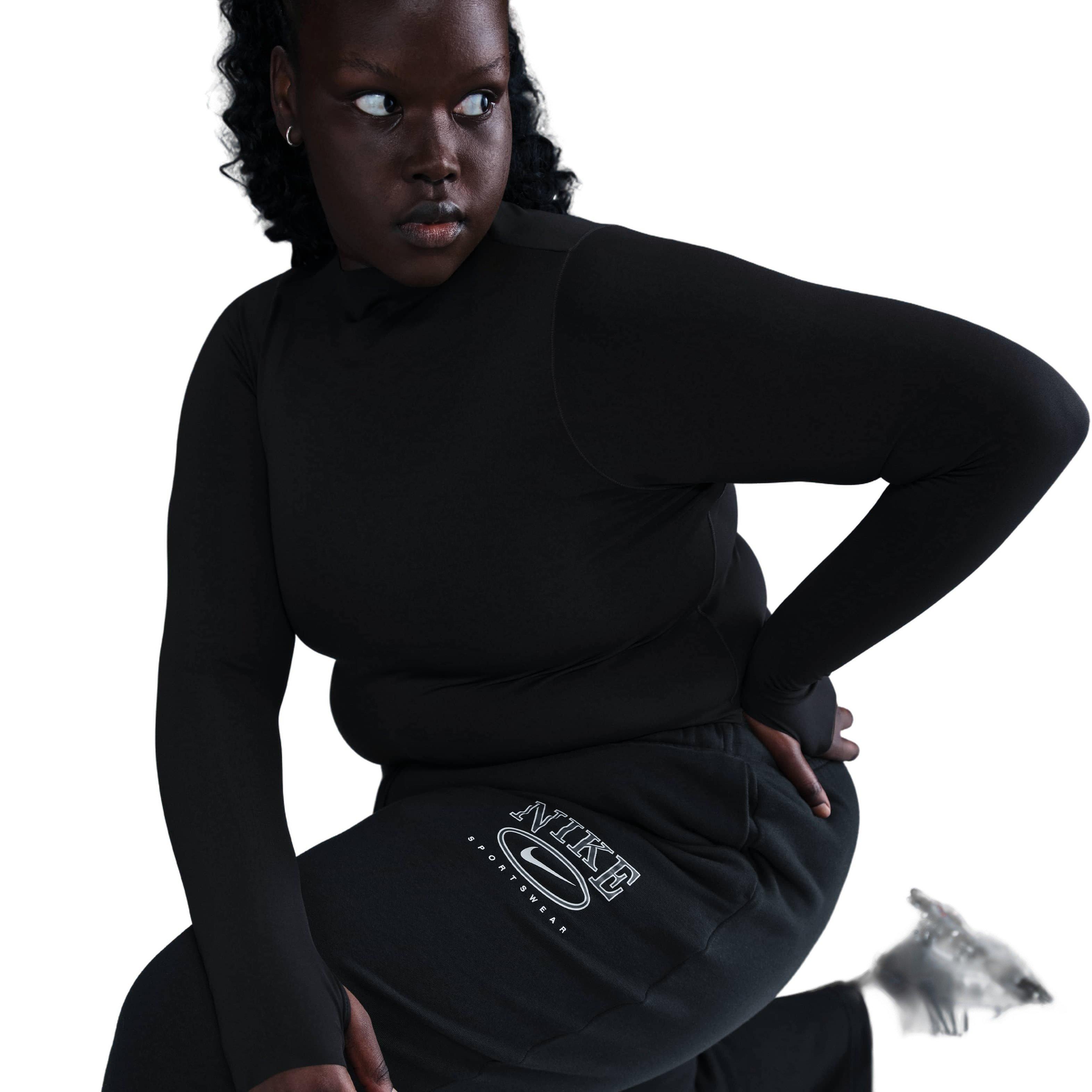 Nike Women's Sportswear Club Fleece Wide-Leg Mid-Rise Graphic Sweatpants - Black - BLACK Thumbnail View 3