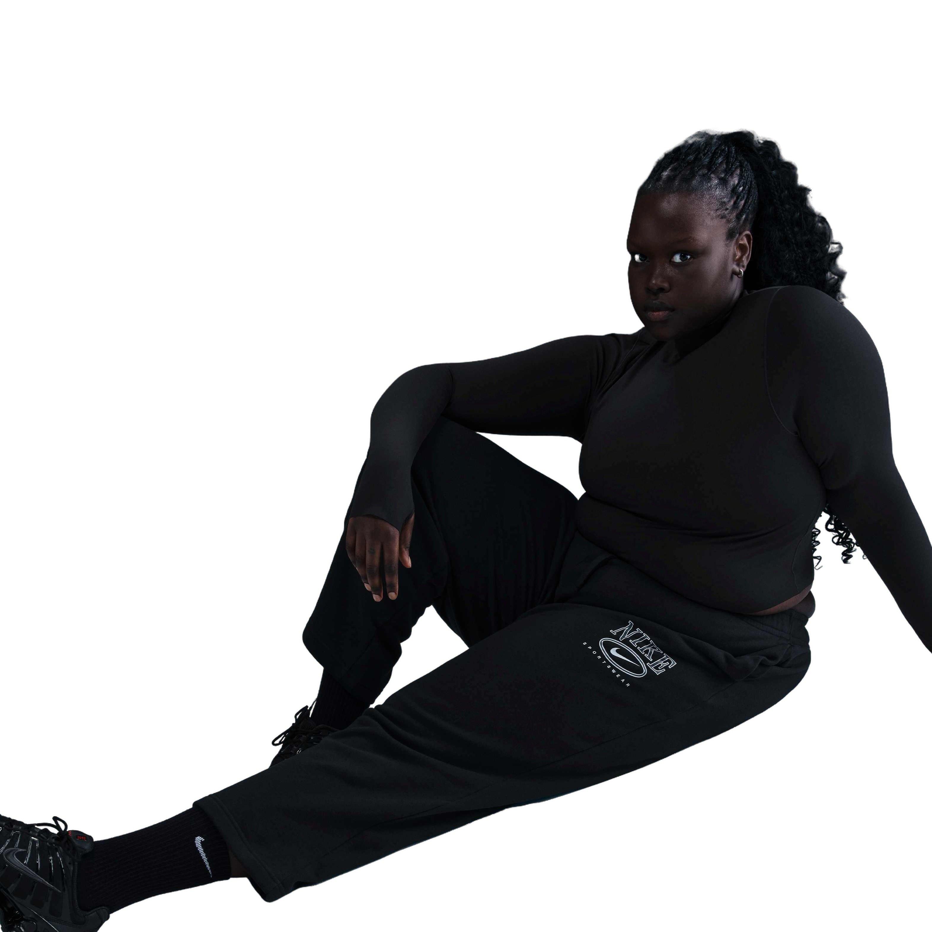 Nike Women's Sportswear Club Fleece Wide-Leg Mid-Rise Graphic Sweatpants - Black - BLACK Thumbnail View 5