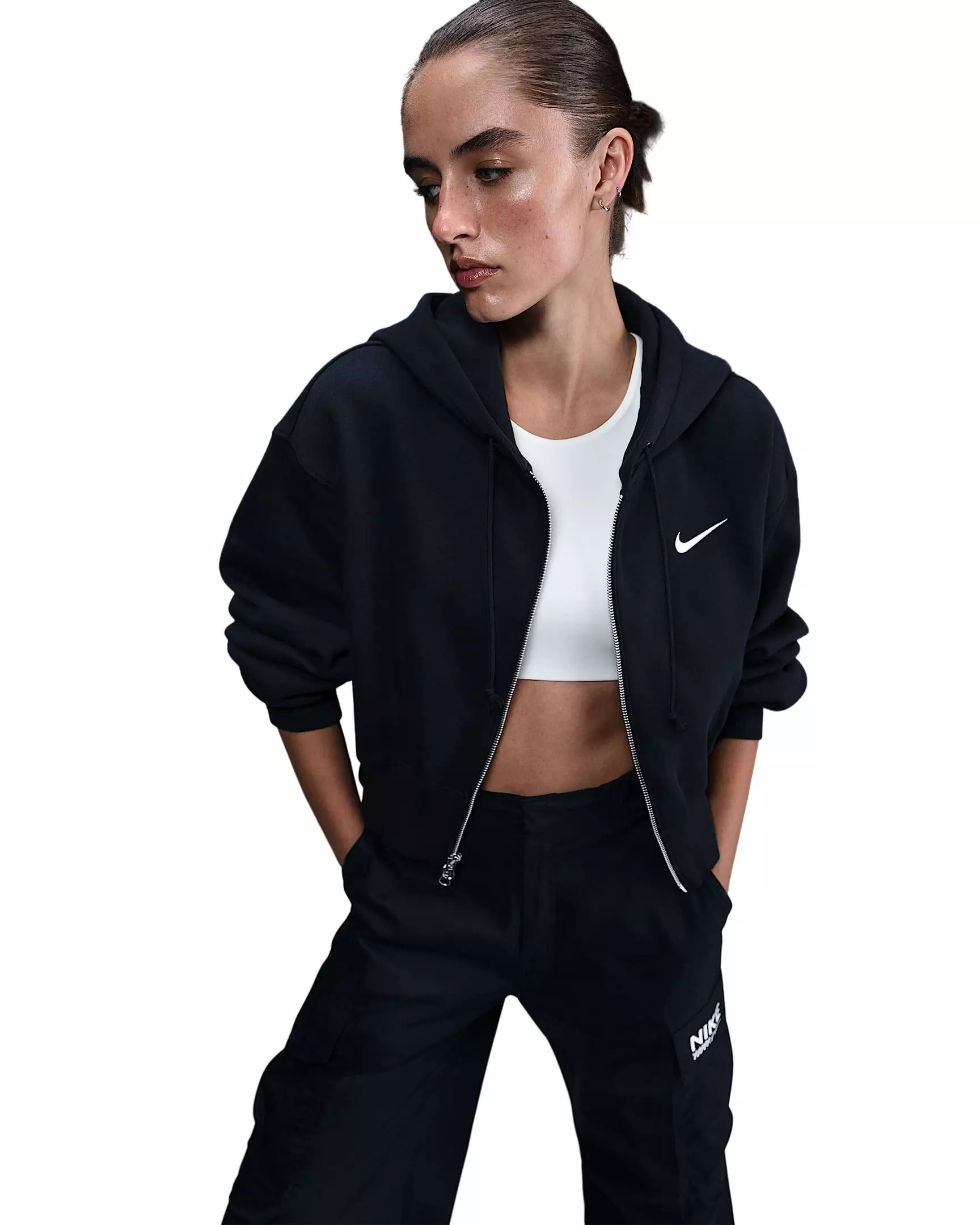 Nike Women's Sportswear Phoenix Fleece Loose Cropped Full-Zip Hooded Jacket - Black - BLACK