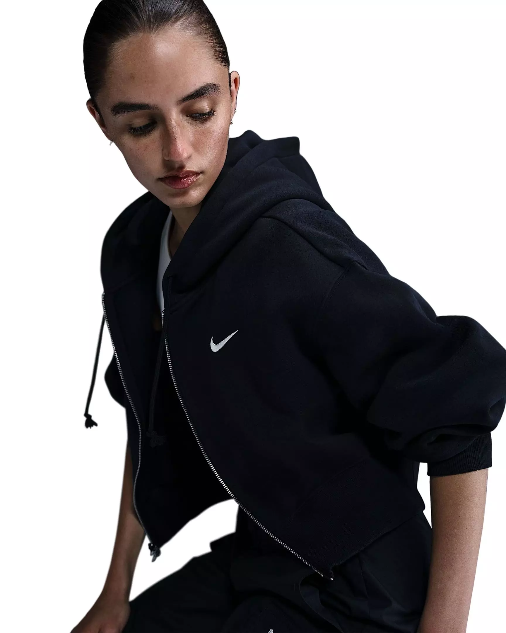 Nike Women's Sportswear Phoenix Fleece Loose Cropped Full-Zip Hooded Jacket - Black - BLACK