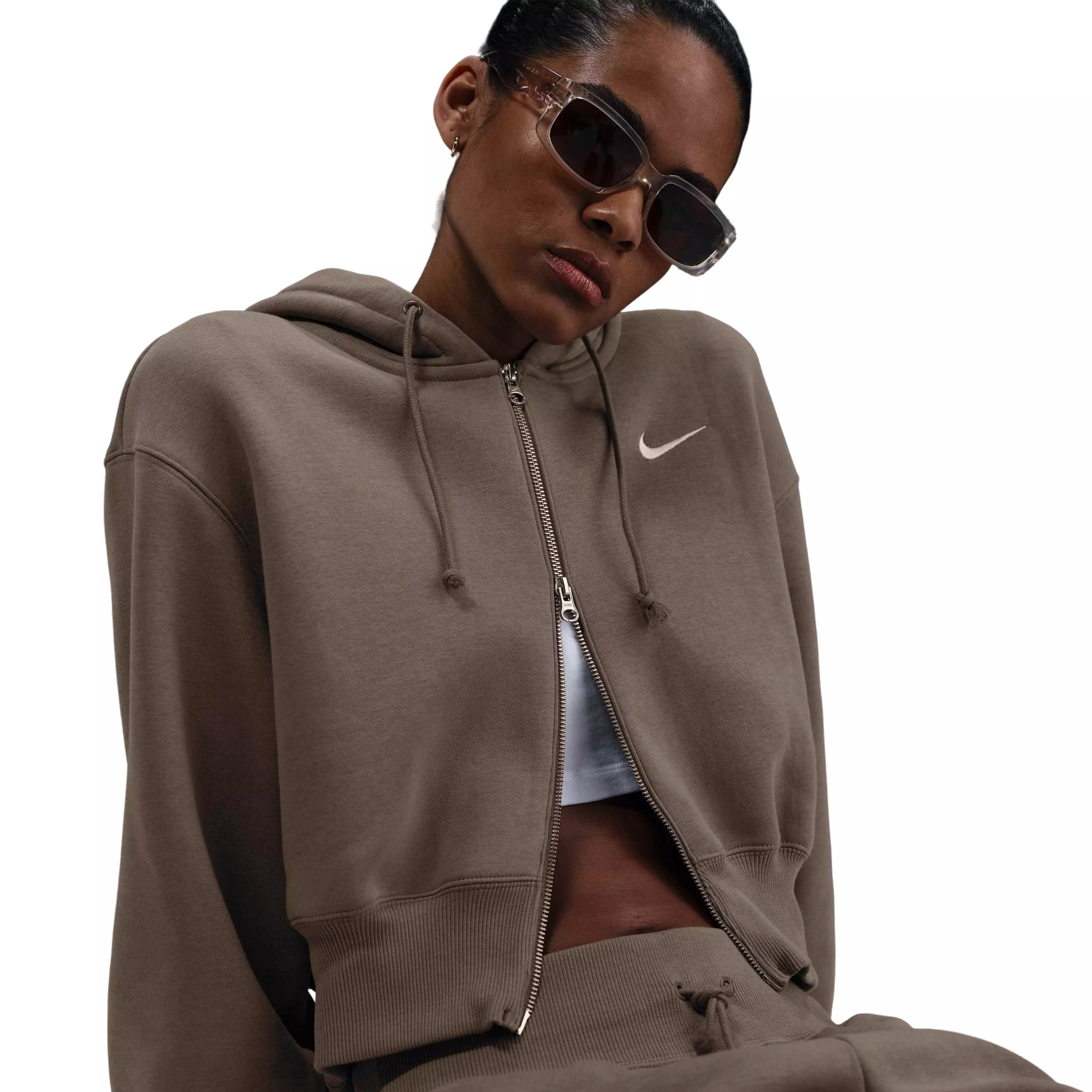 Nike Women's Sportswear Phoenix Fleece Loose Cropped Full-Zip Hooded Jacket - Brown - BROWN