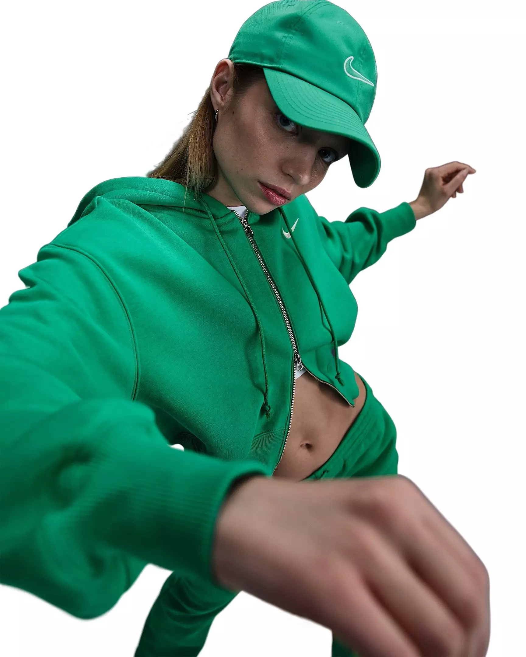 Nike Women's Sportswear Phoenix Fleece Loose Cropped Full-Zip Hooded Jacket - Green - GREEN