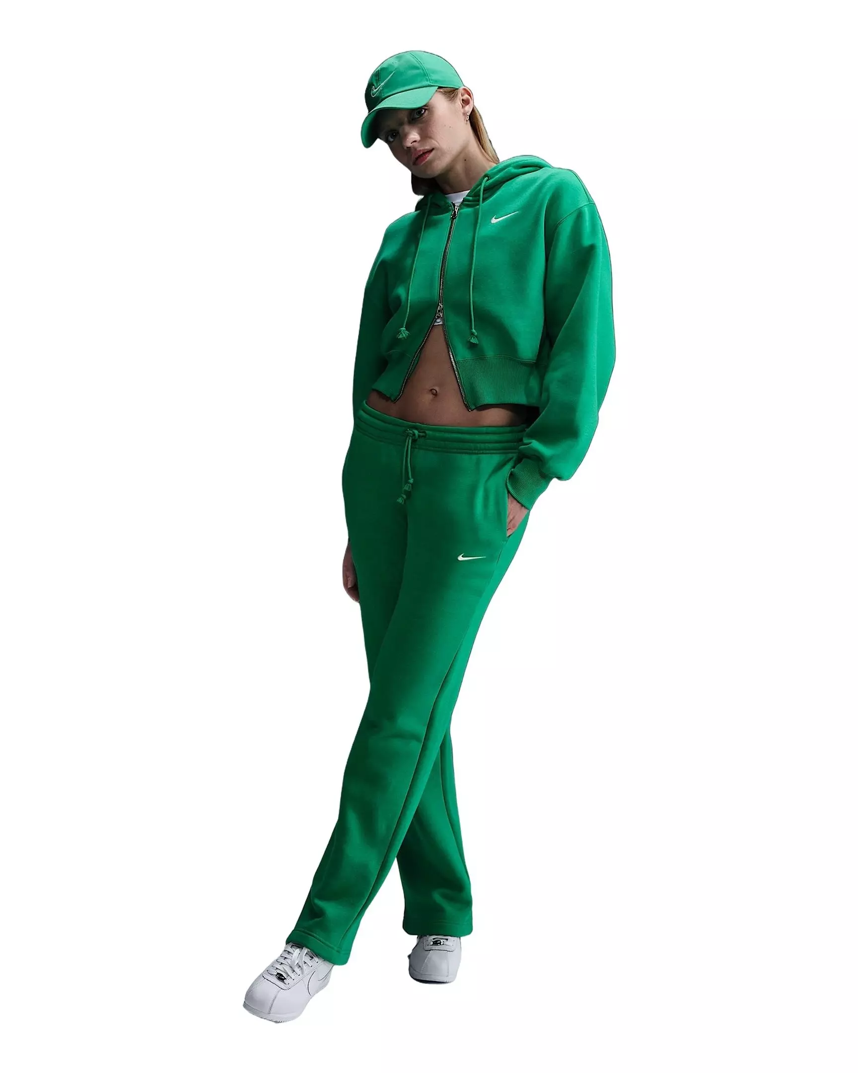 Nike Women's Sportswear Phoenix Fleece Loose Cropped Full-Zip Hooded Jacket - Green - GREEN