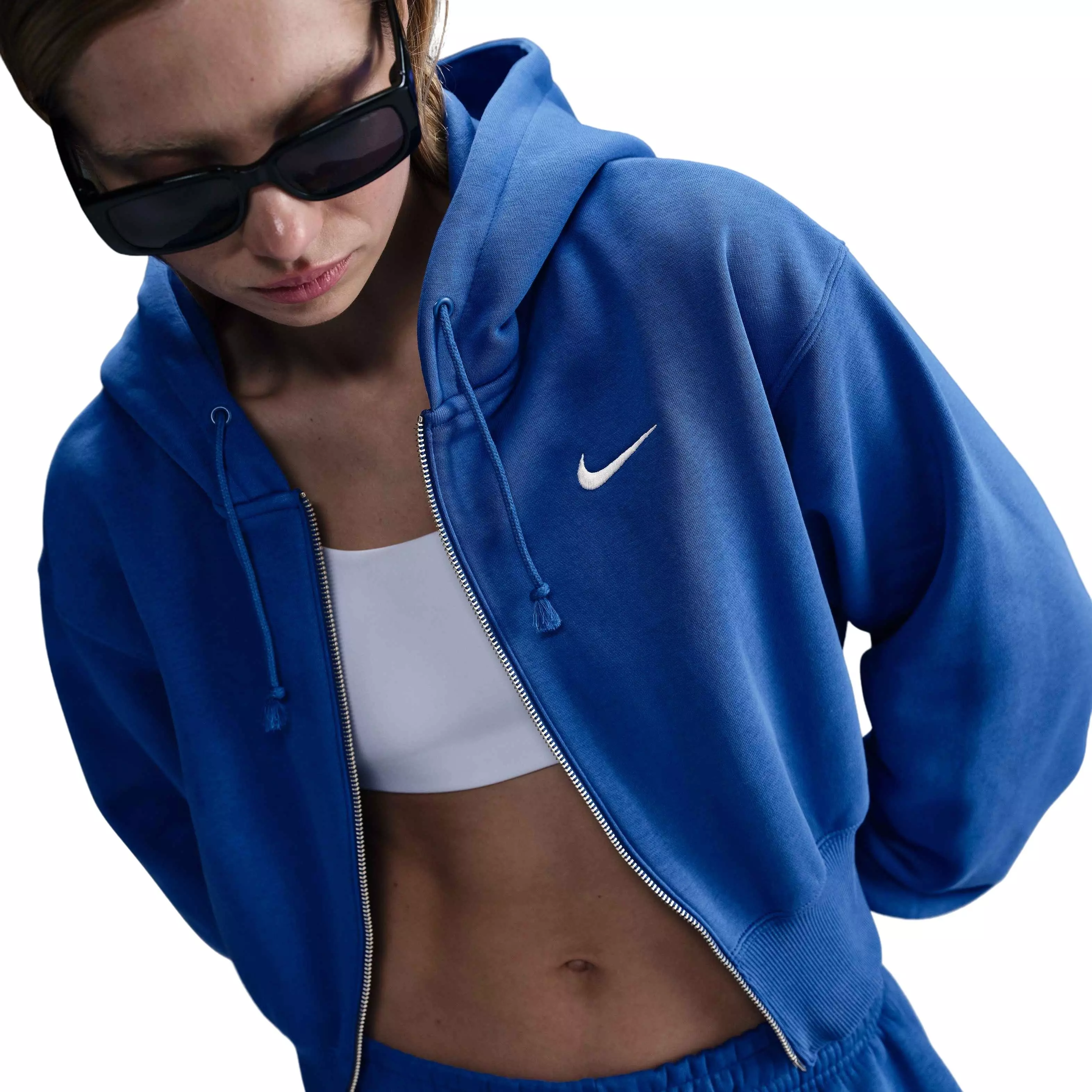 Nike Women's Sportswear Phoenix Fleece Loose Cropped Full-Zip Hooded Jacket - Blue - BLUE