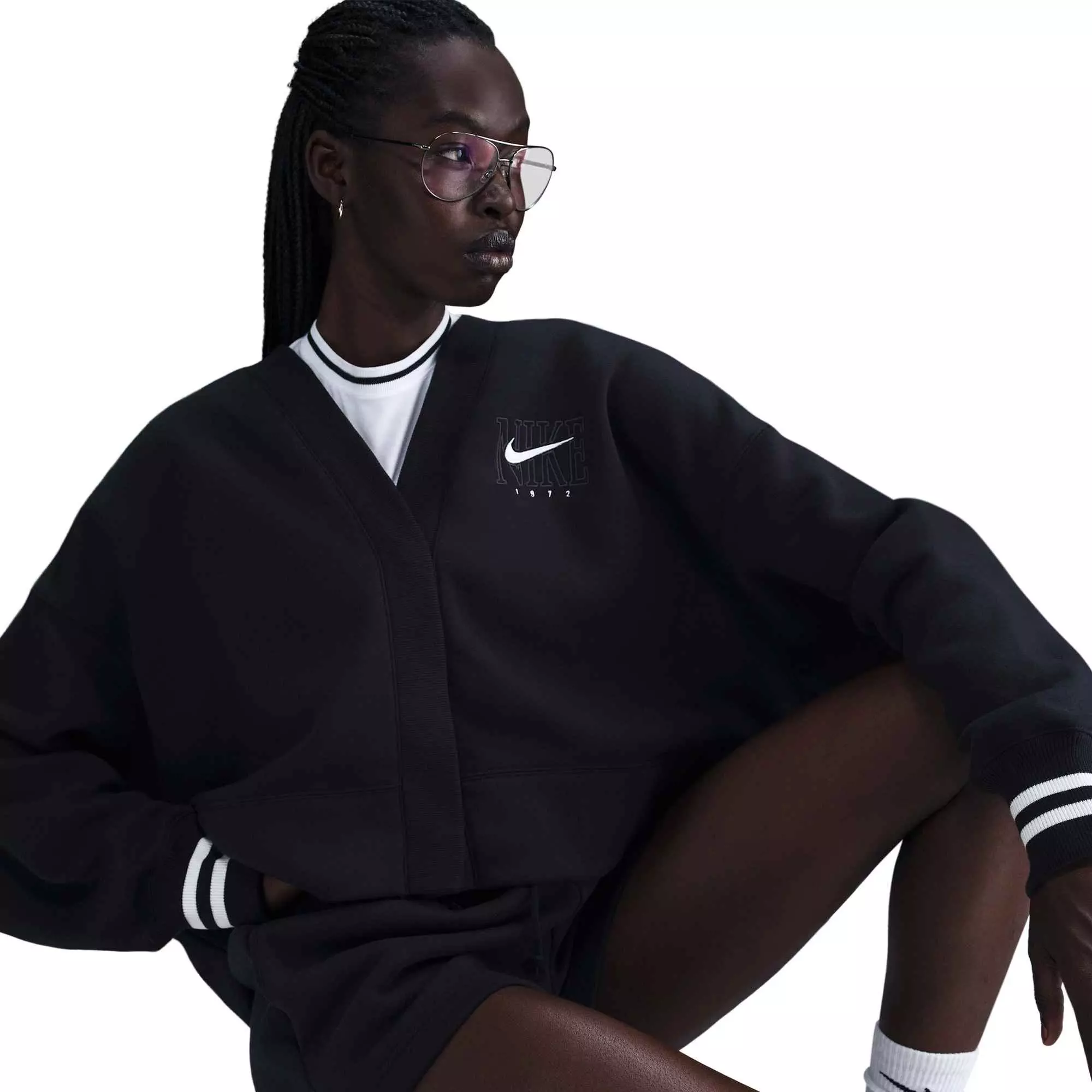 Nike Women's Sportswear Phoenix Fleece Over-Oversized Graphic Cardigan-Black - BLACK