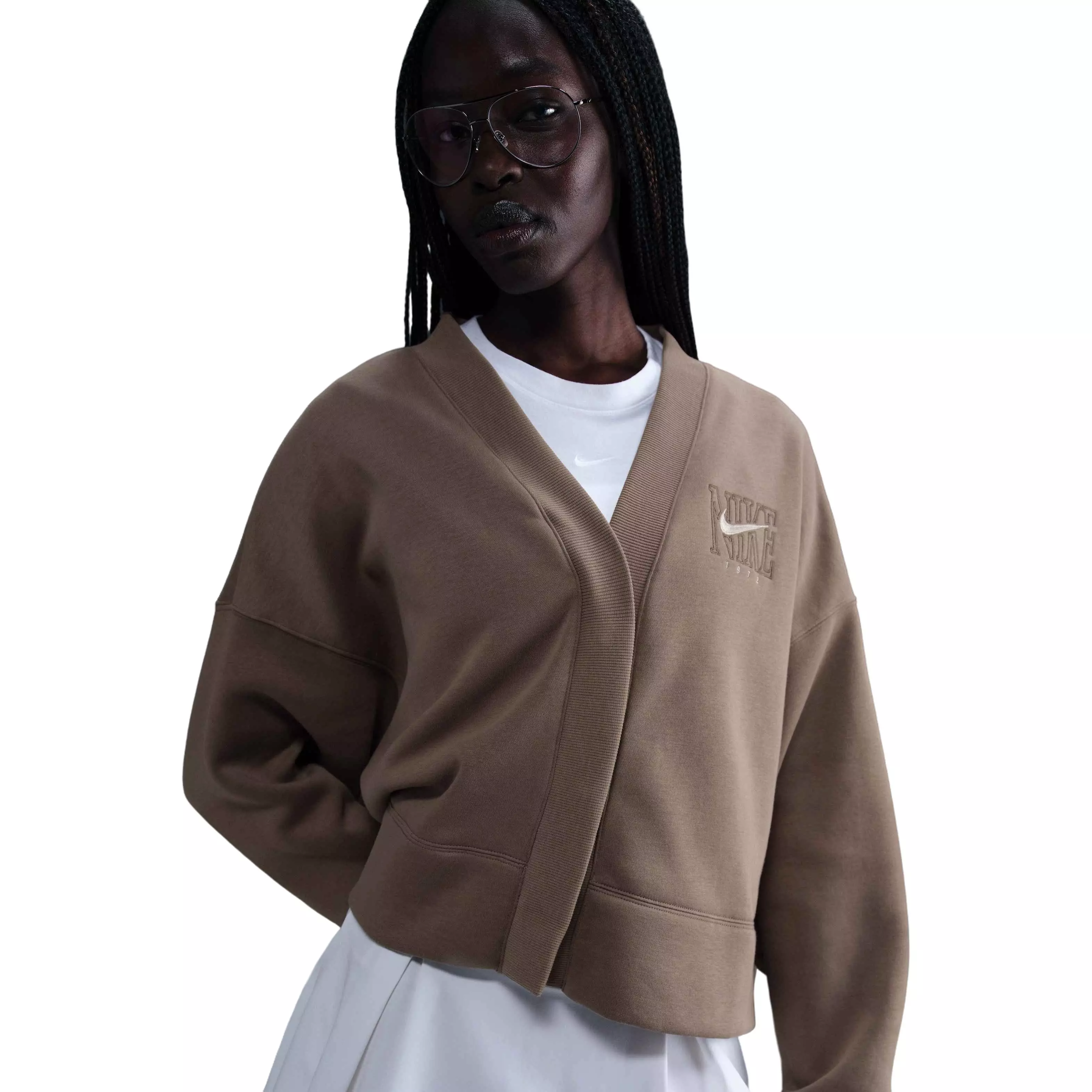 Nike Women's Sportswear Phoenix Fleece Over-Oversized Graphic Cardigan-Brown - BROWN