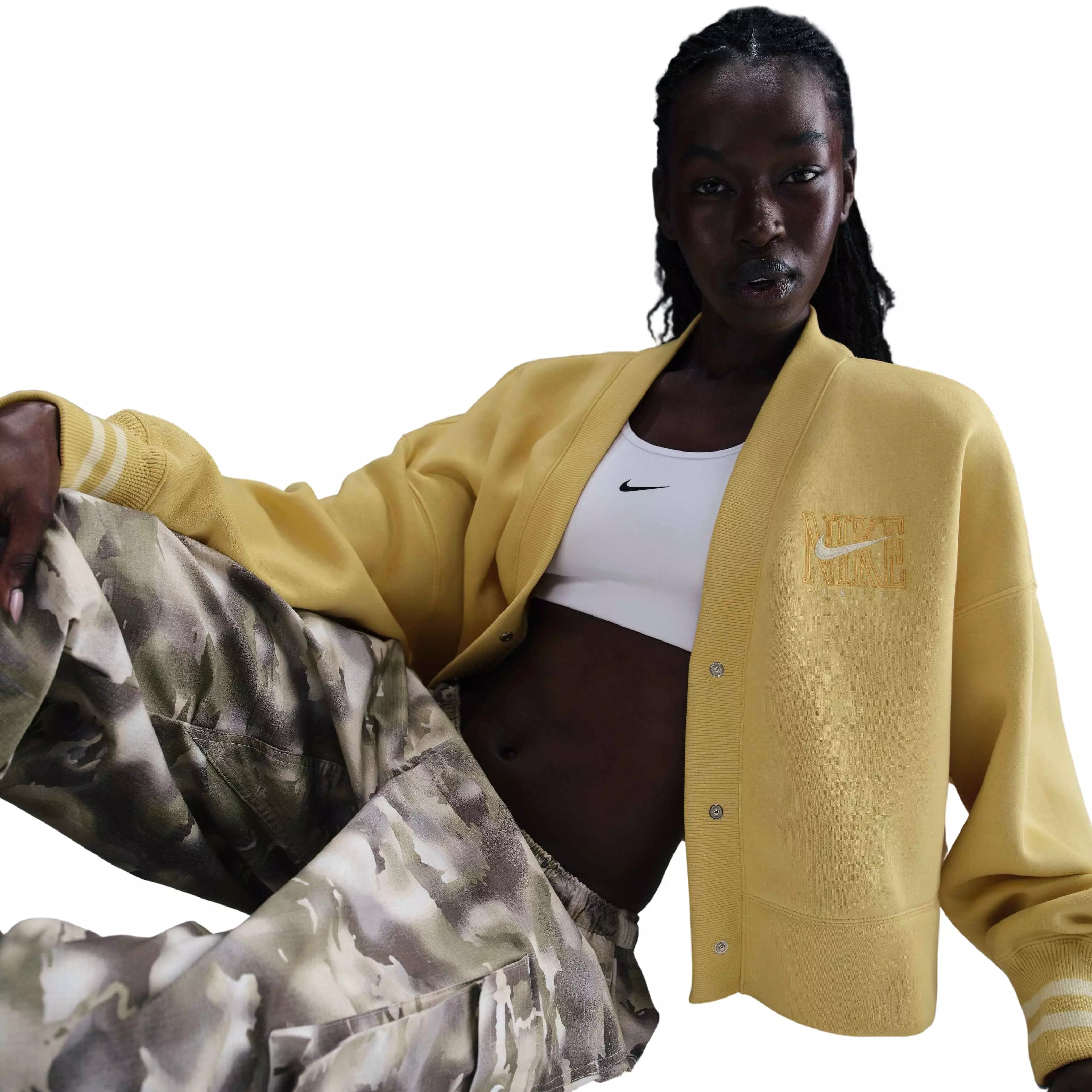 Nike Women's Sportswear Phoenix Fleece Over-Oversized Graphic Cardigan-Yellow - YELLOW