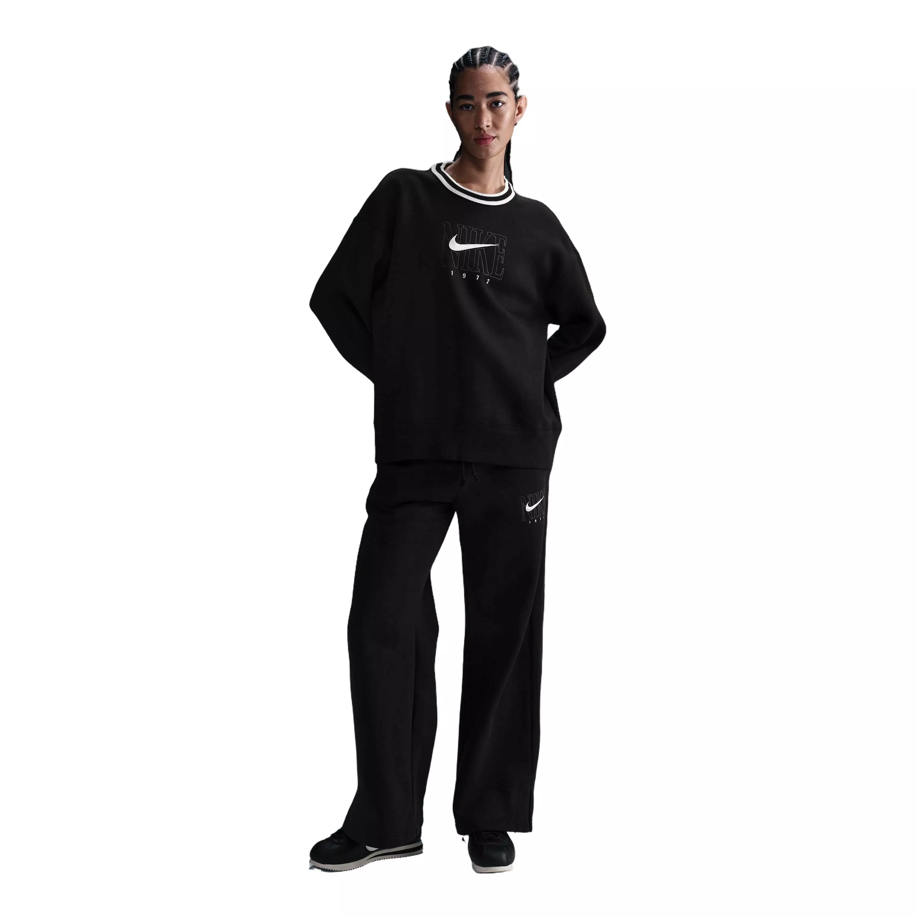 Nike Women's Sportswear Phoenix Fleece Oversized Graphic Crew-Neck Sweatshirt-Black - BLACK