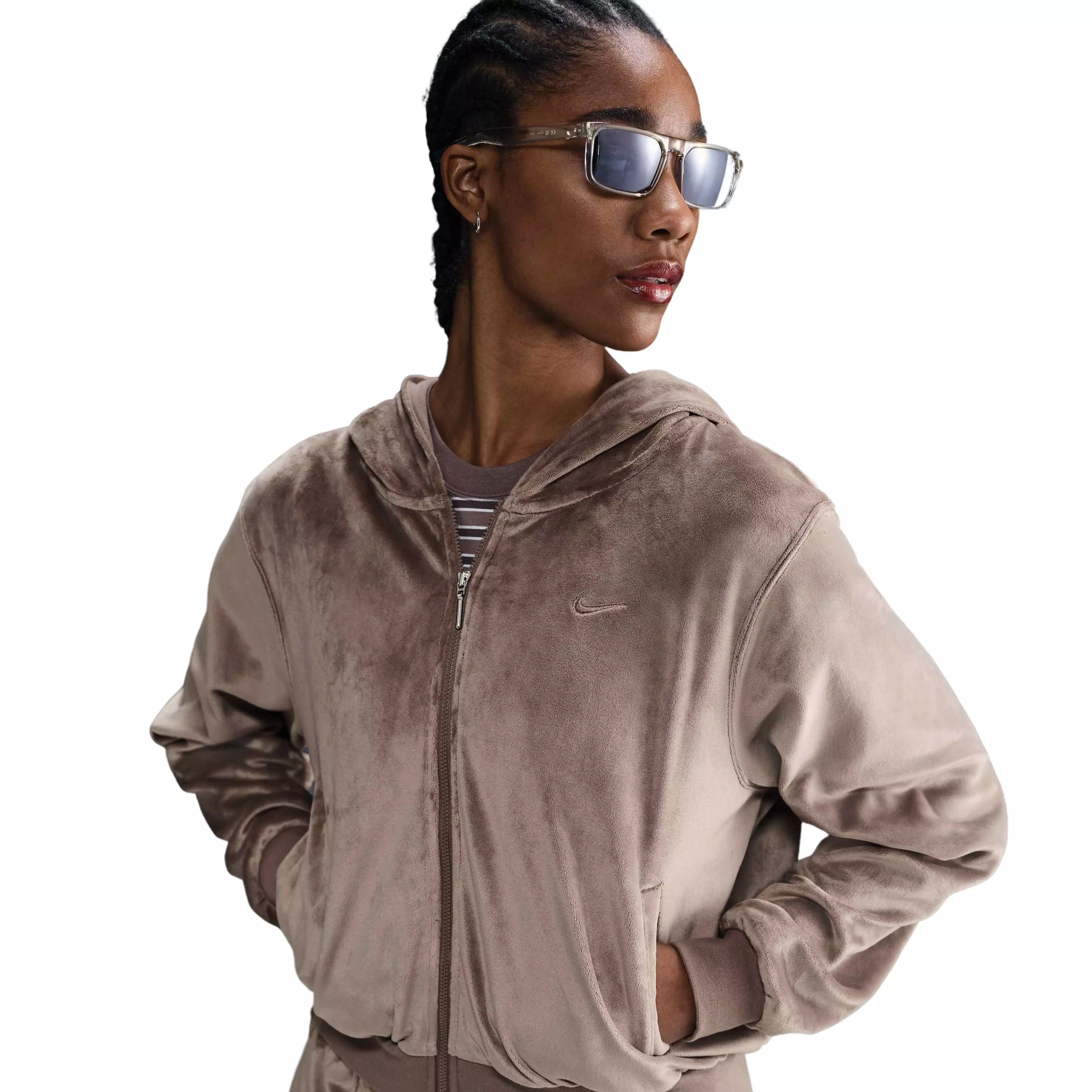 Nike Women's Sportswear Chill Knit Loose Velour Full-Zip Jacket-Brown - BROWN