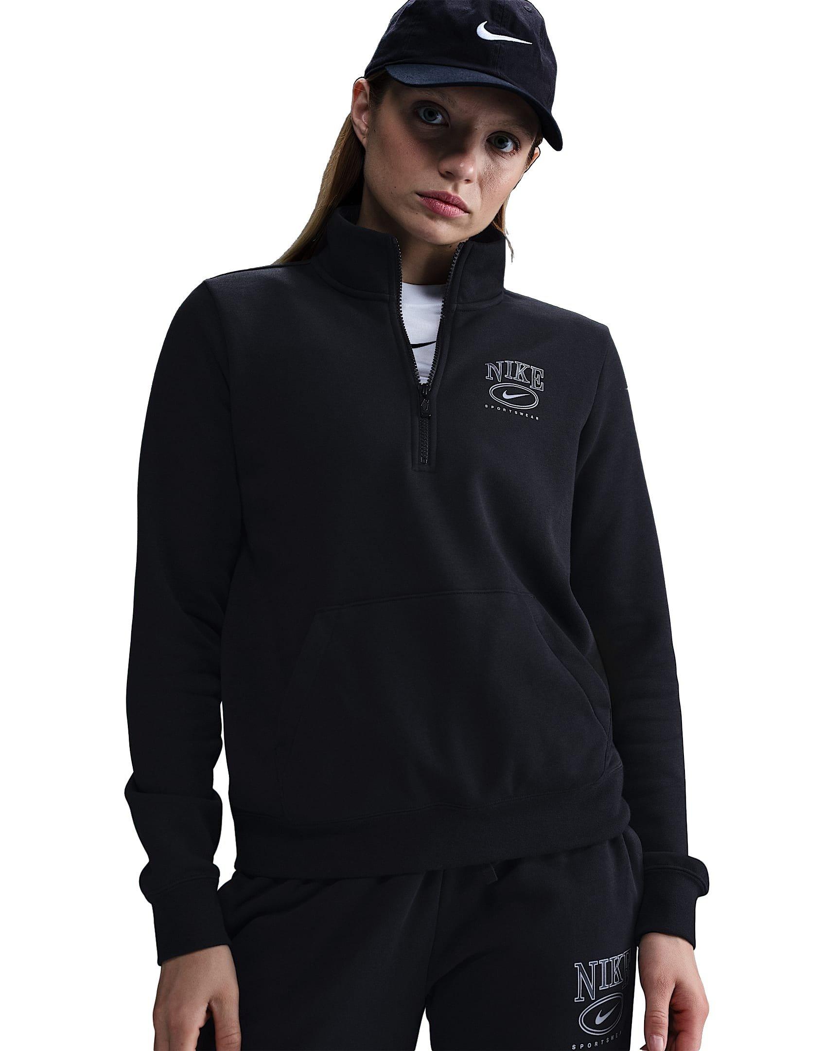 Nike Women's Sportswear Club Fleece Mock-Neck 1/2 Zip Graphic Top - Black - BLACK