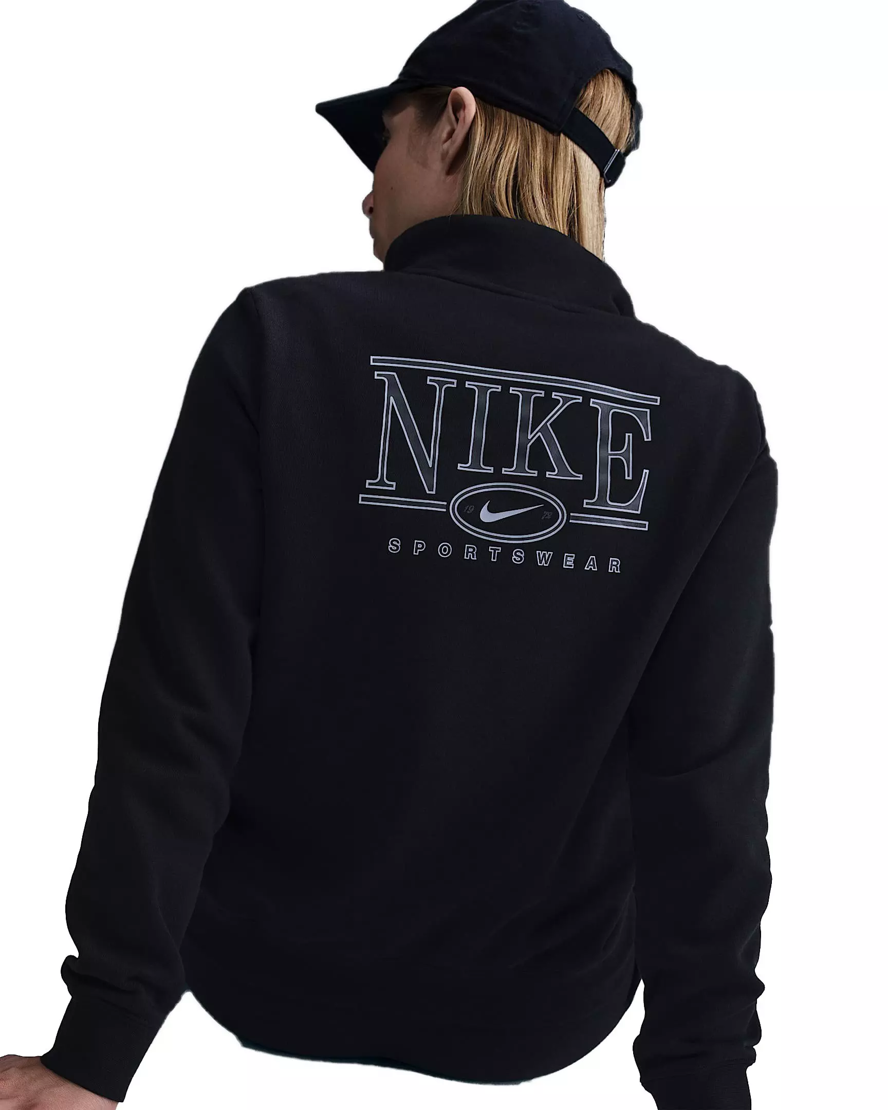 Nike Women's Sportswear Club Fleece Mock-Neck 1/2 Zip Graphic Top - Black - BLACK