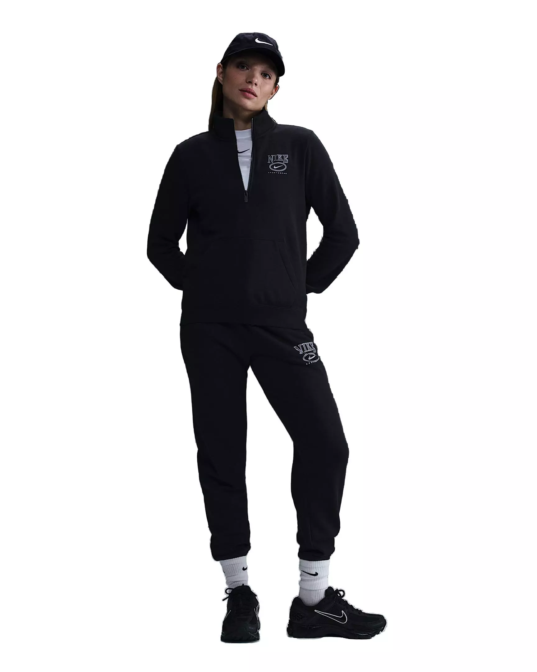 Nike Women's Sportswear Club Fleece Mock-Neck 1/2 Zip Graphic Top - Black - BLACK