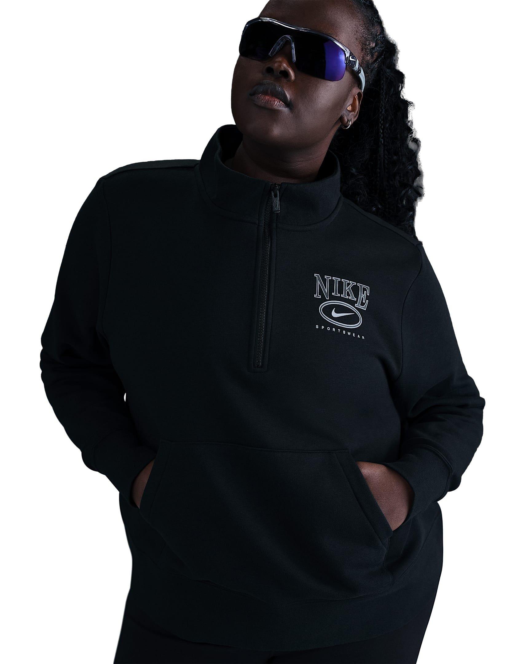 Nike Women's Sportswear Club Fleece 1/2 Zip Mock-Neck Graphic Top - Black - BLACK Thumbnail View 1