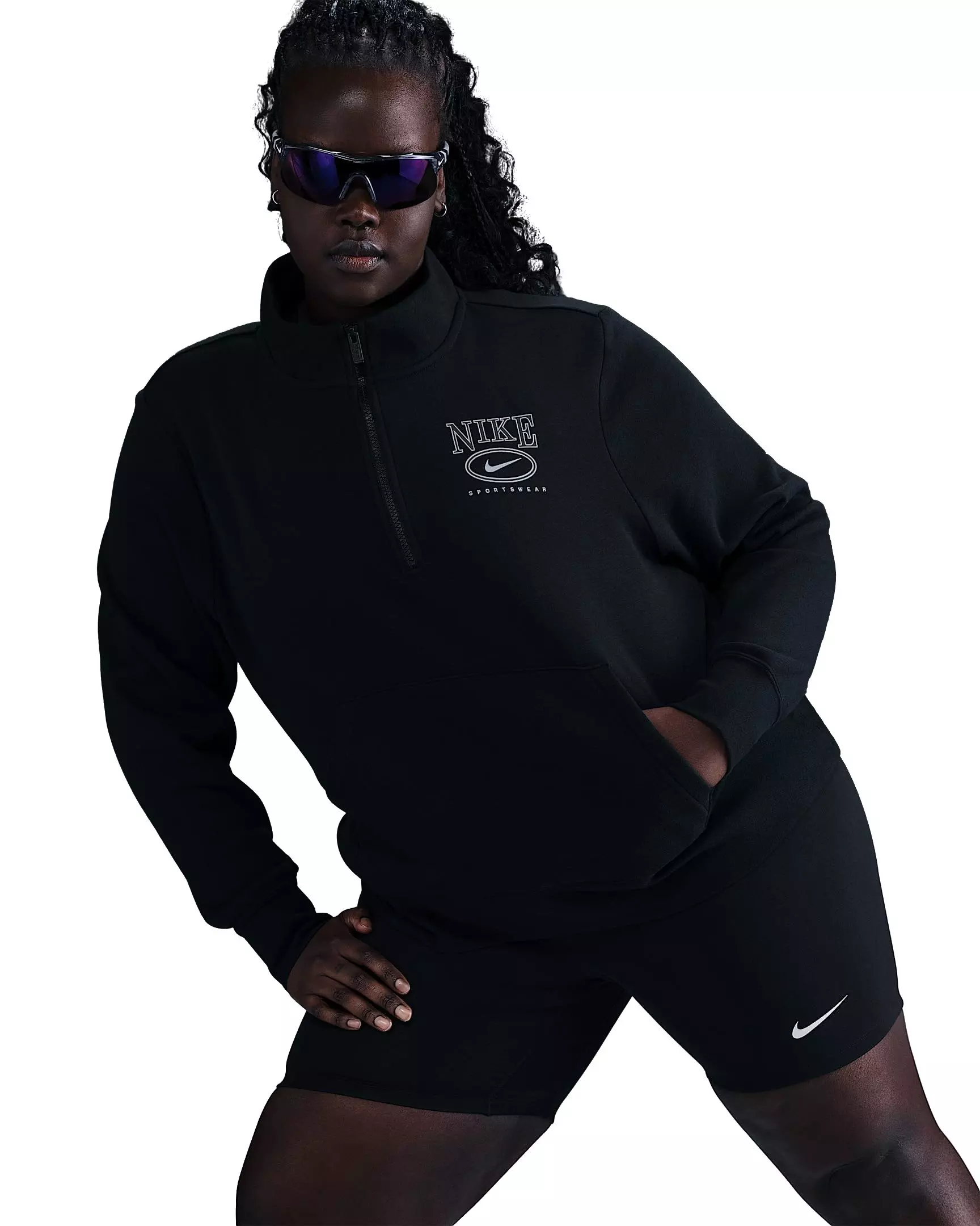 Nike Women's Sportswear Club Fleece 1/2 Zip Mock-Neck Graphic Top - Black - BLACK