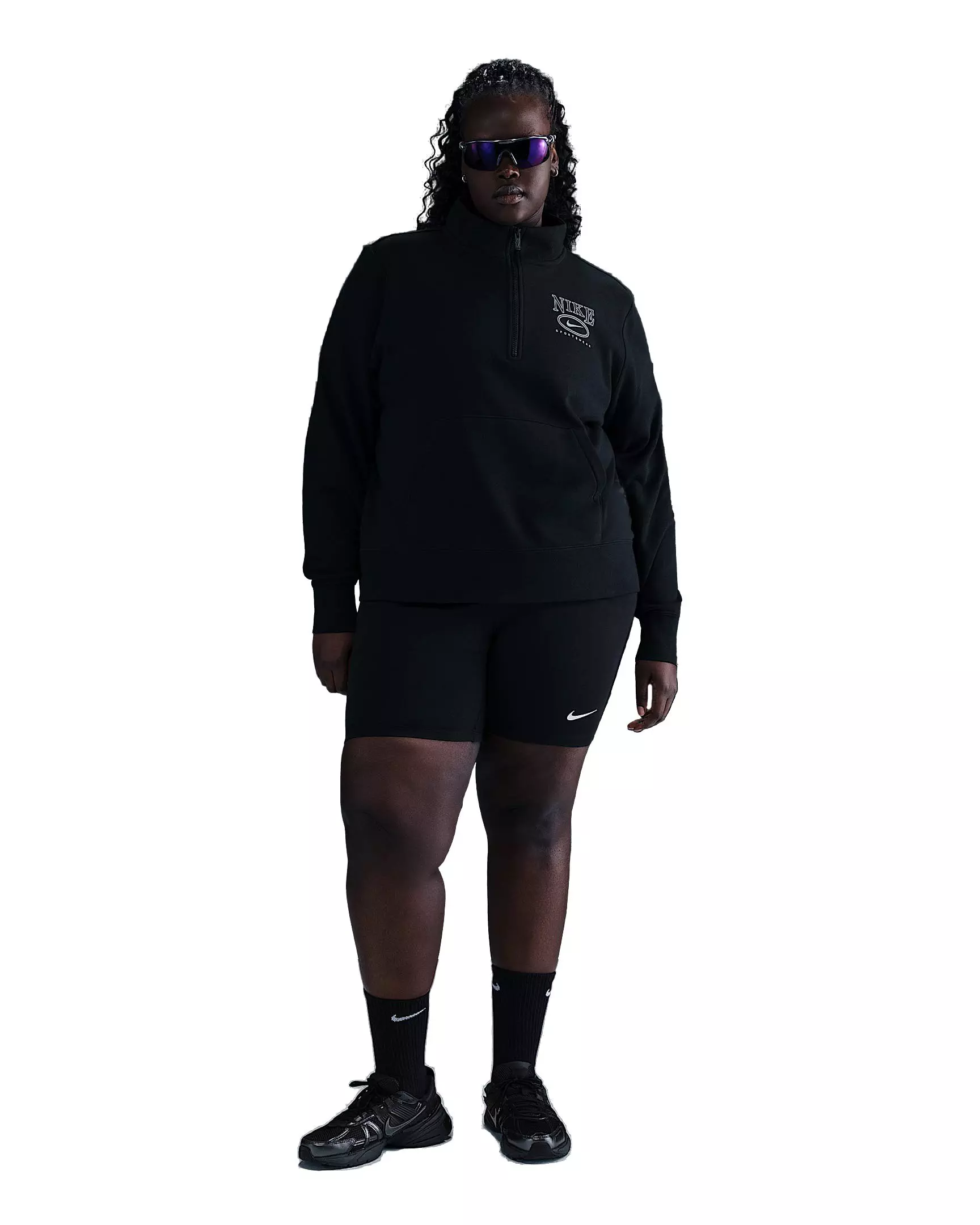 Nike Women's Sportswear Club Fleece 1/2 Zip Mock-Neck Graphic Top - Black - BLACK