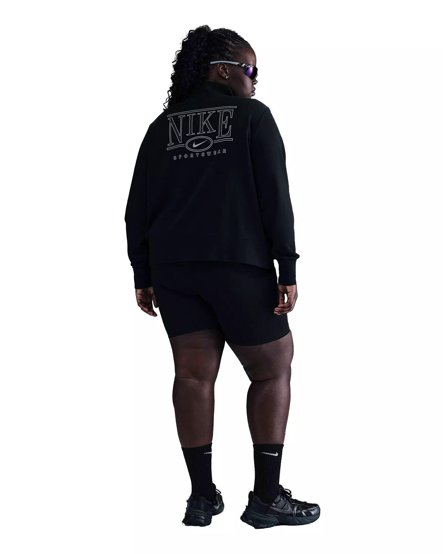 Nike Women's Sportswear Club Fleece 1/2 Zip Mock-Neck Graphic Top - Black - BLACK